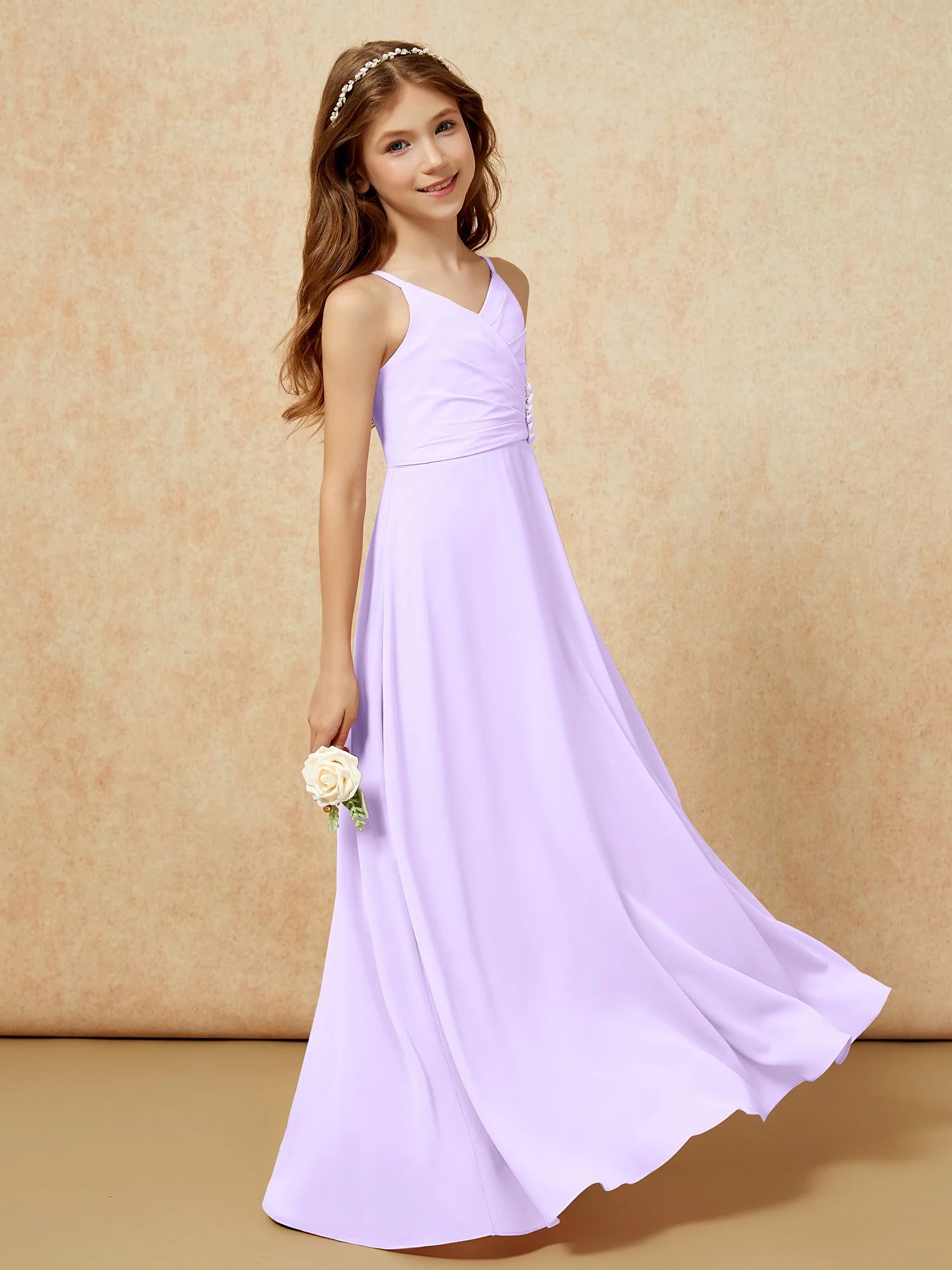 V-neck Pleated Chiffon Long Junior Bridesmaid Dresses Lilac - Image 3