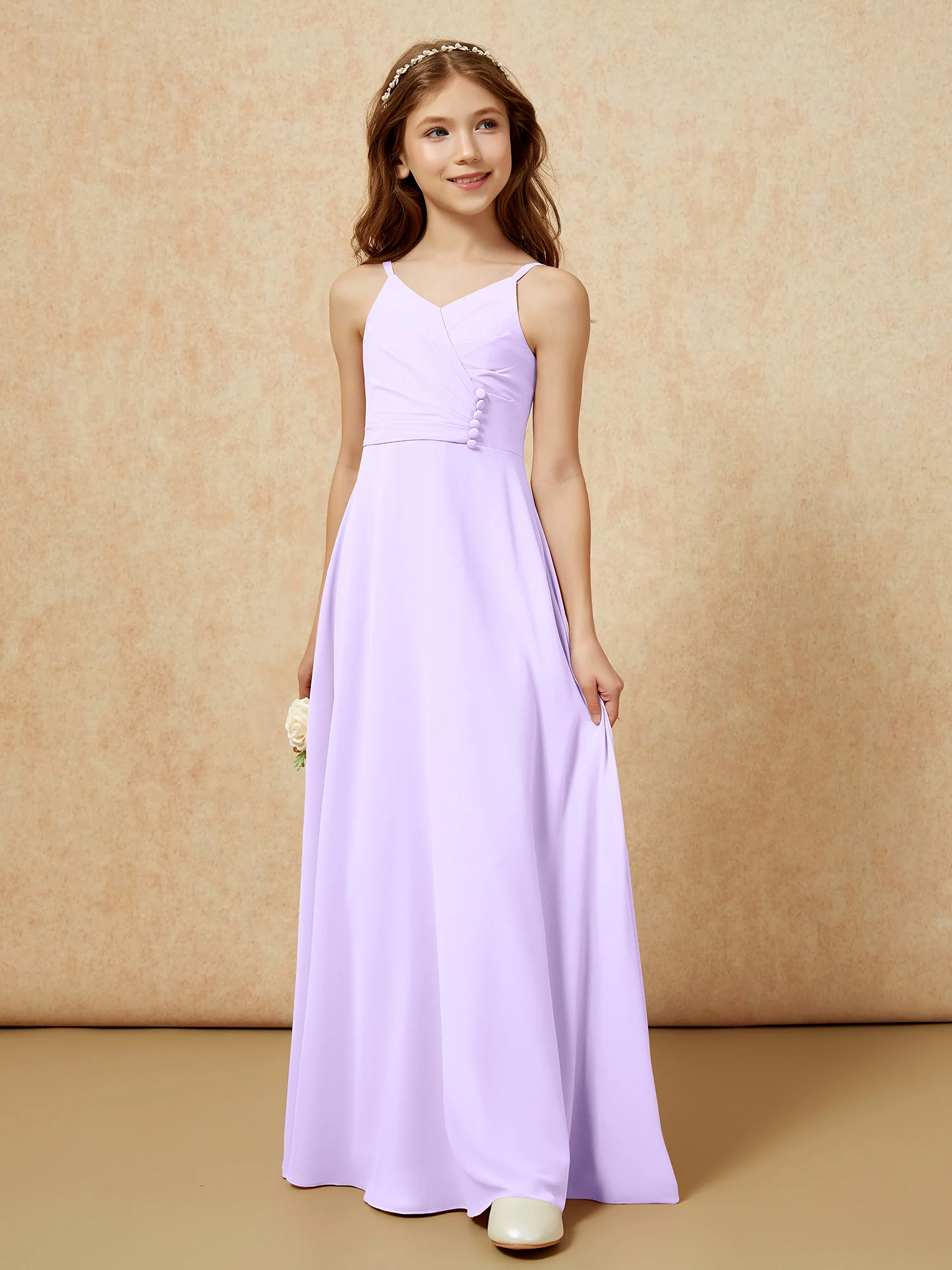V-neck Pleated Chiffon Long Junior Bridesmaid Dresses Lilac - Image 5