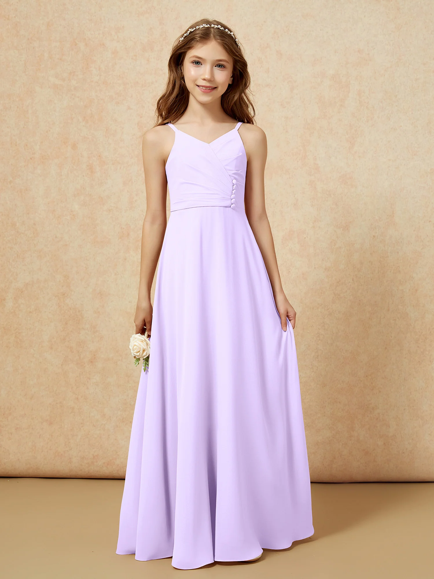 V-neck Pleated Chiffon Long Junior Bridesmaid Dresses Lilac - Image 6