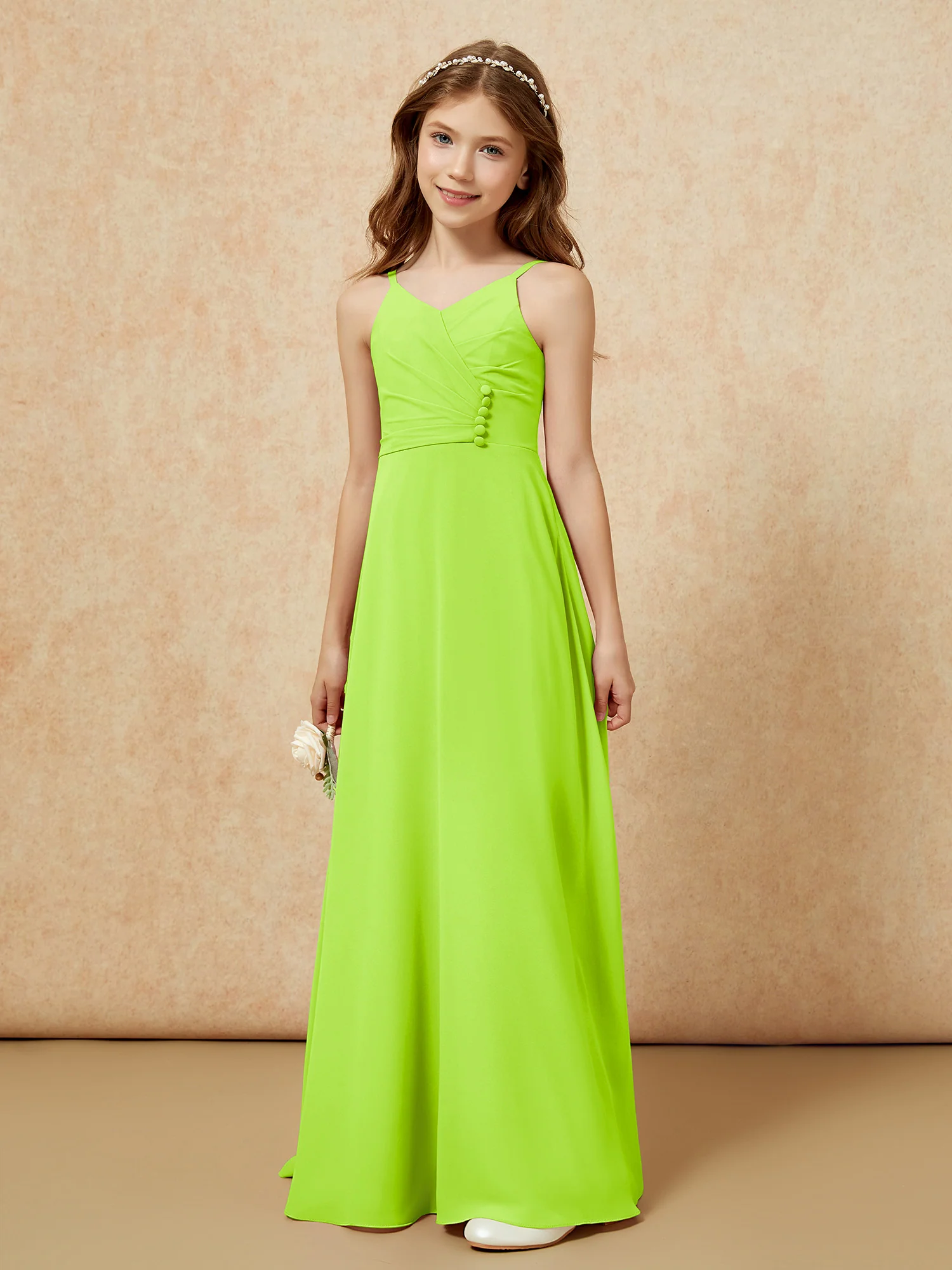 V-neck Pleated Chiffon Long Junior Bridesmaid Dresses Lime Green