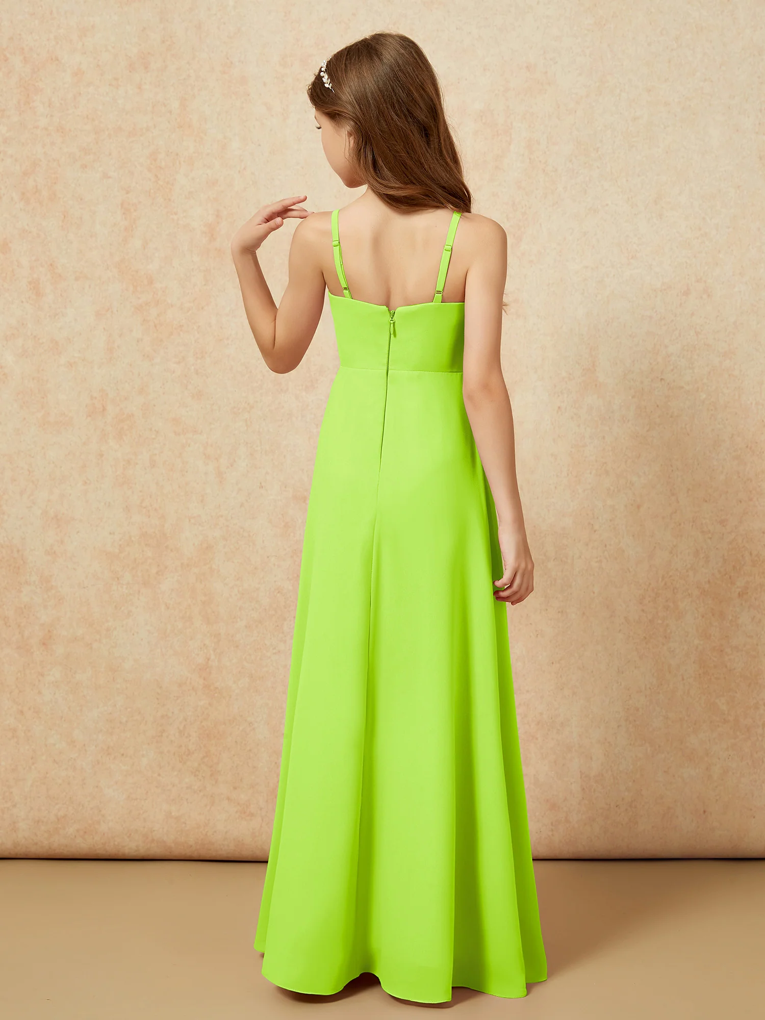 V-neck Pleated Chiffon Long Junior Bridesmaid Dresses Lime Green - Image 2
