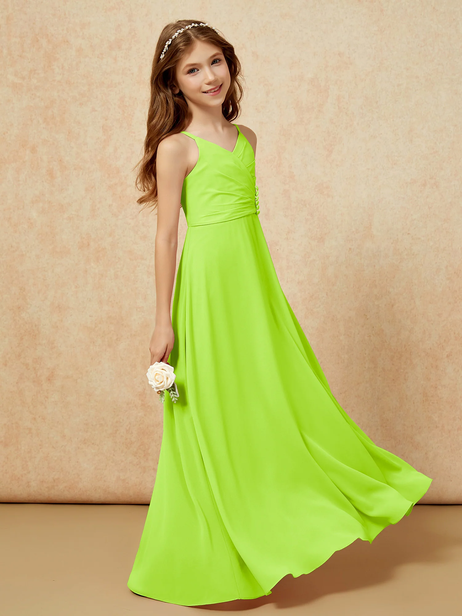 V-neck Pleated Chiffon Long Junior Bridesmaid Dresses Lime Green - Image 3
