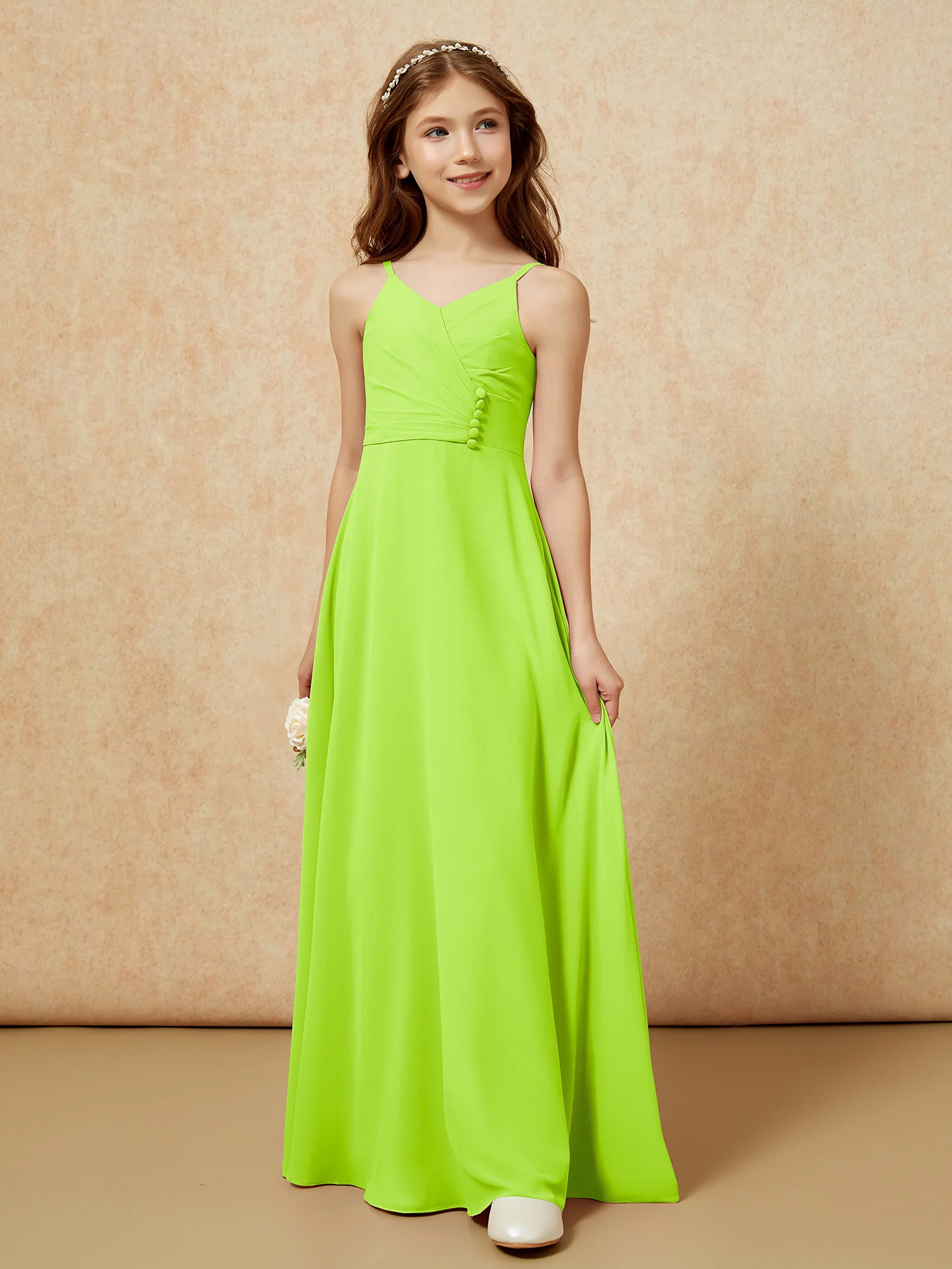 V-neck Pleated Chiffon Long Junior Bridesmaid Dresses Lime Green - Image 5