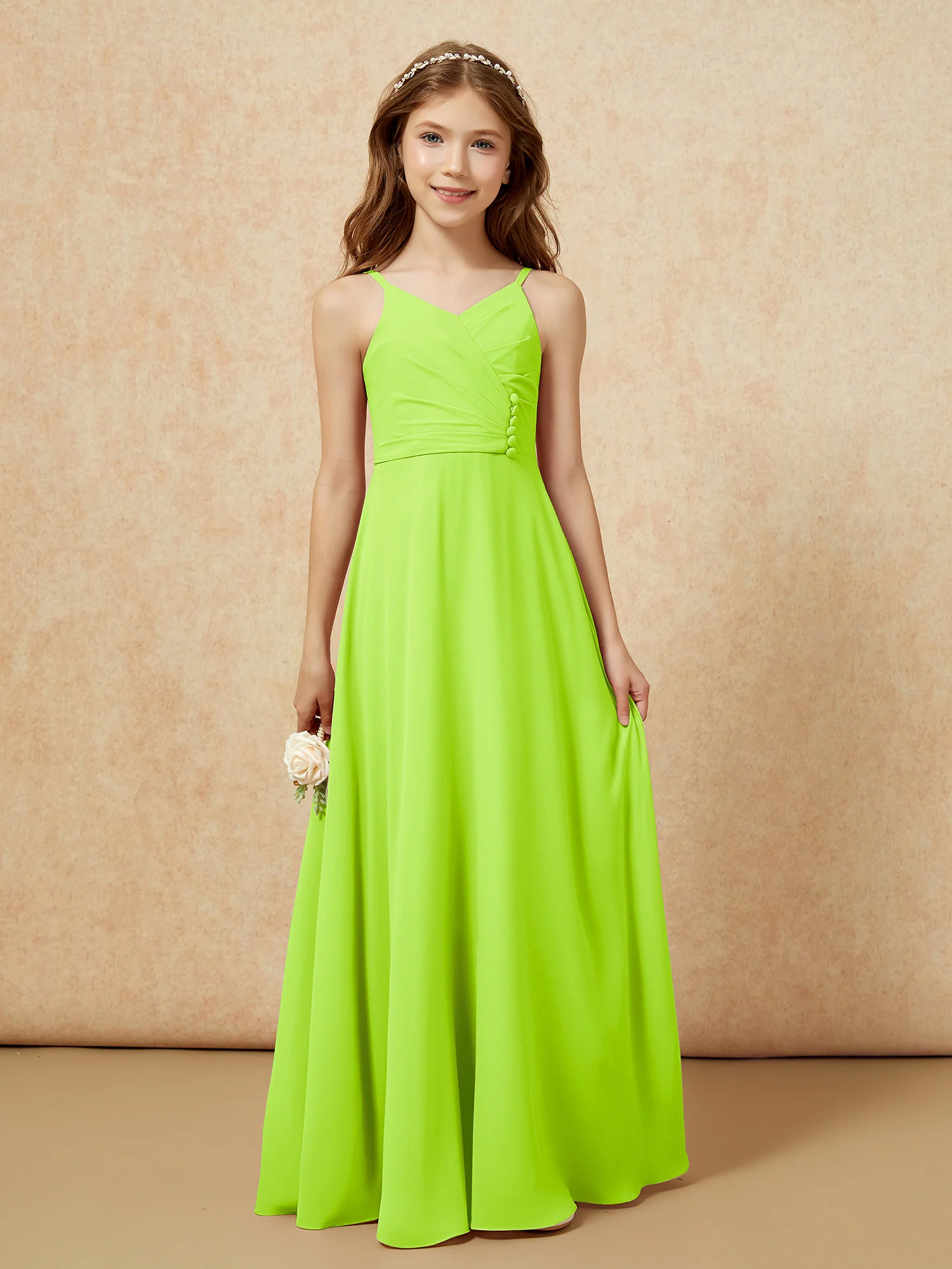 V-neck Pleated Chiffon Long Junior Bridesmaid Dresses Lime Green - Image 6