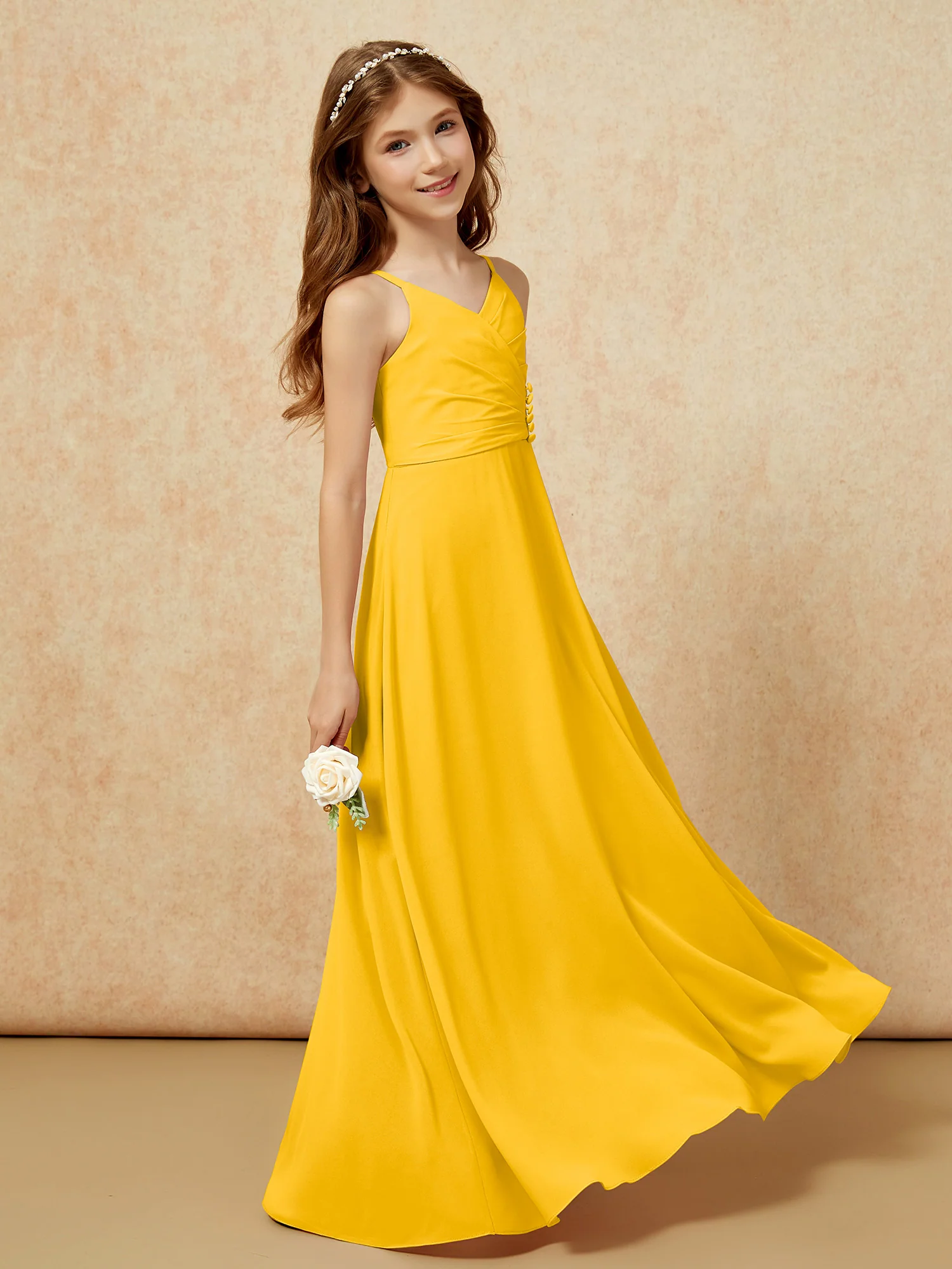 V-neck Pleated Chiffon Long Junior Bridesmaid Dresses Marigold - Image 3