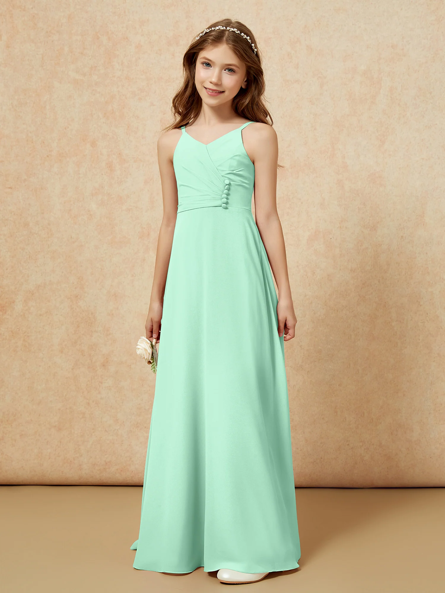 V-neck Pleated Chiffon Long Junior Bridesmaid Dresses Mint Green