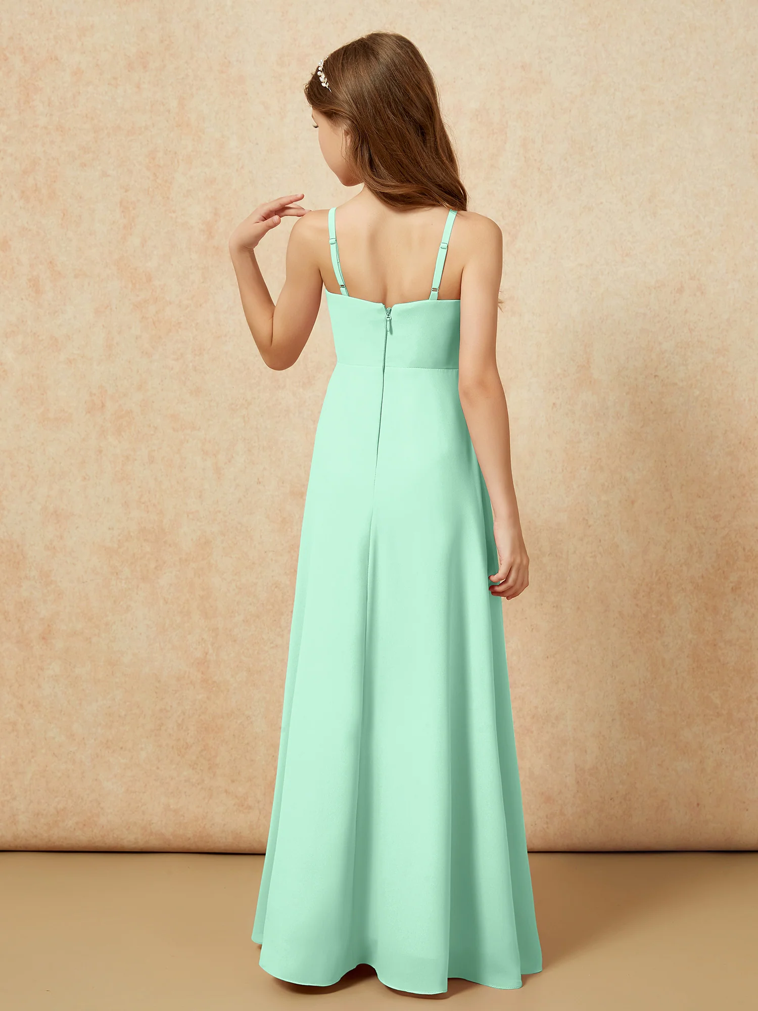 V-neck Pleated Chiffon Long Junior Bridesmaid Dresses Mint Green - Image 2