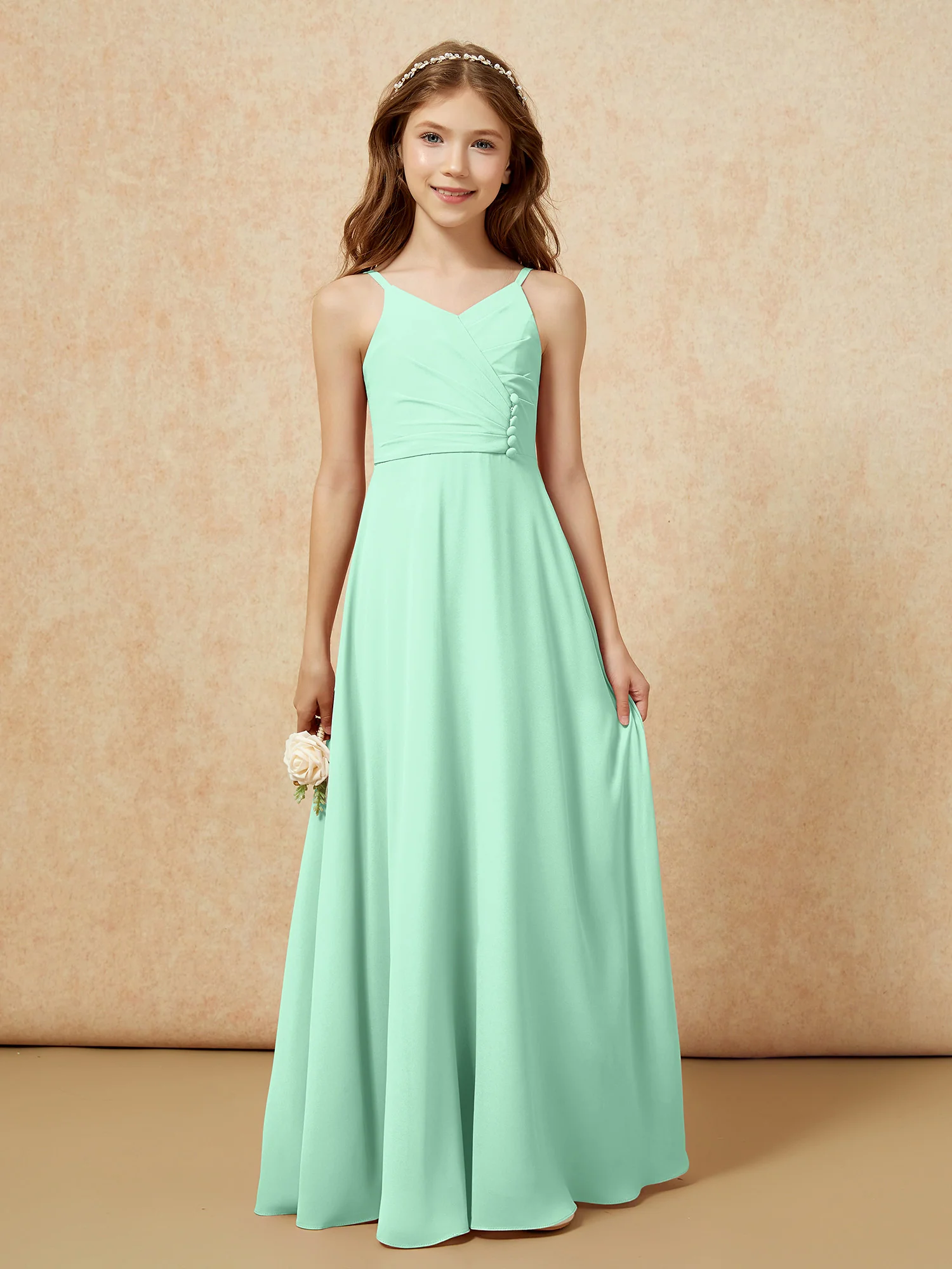 V-neck Pleated Chiffon Long Junior Bridesmaid Dresses Mint Green - Image 6