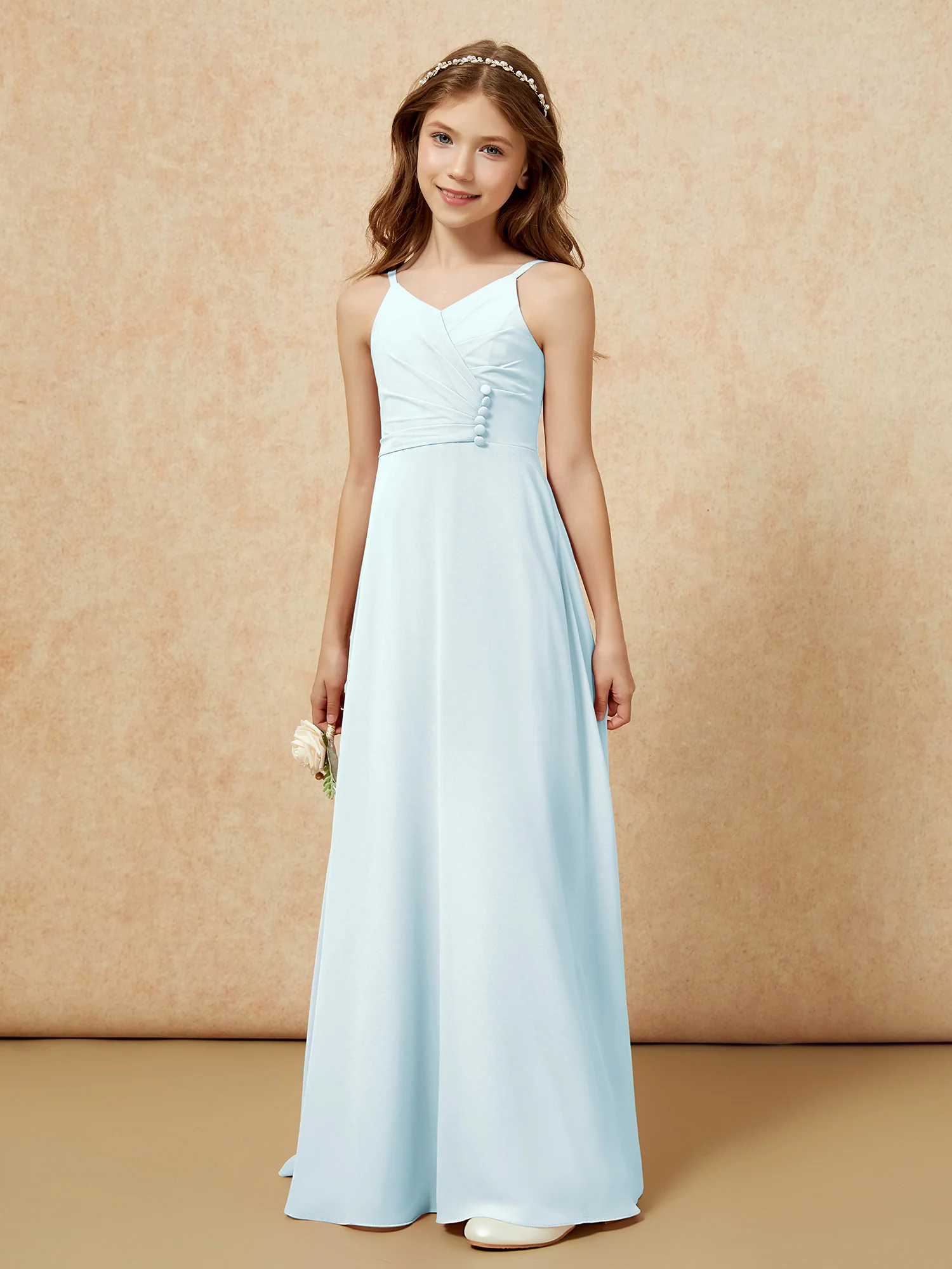 V-neck Pleated Chiffon Long Junior Bridesmaid Dresses Mist