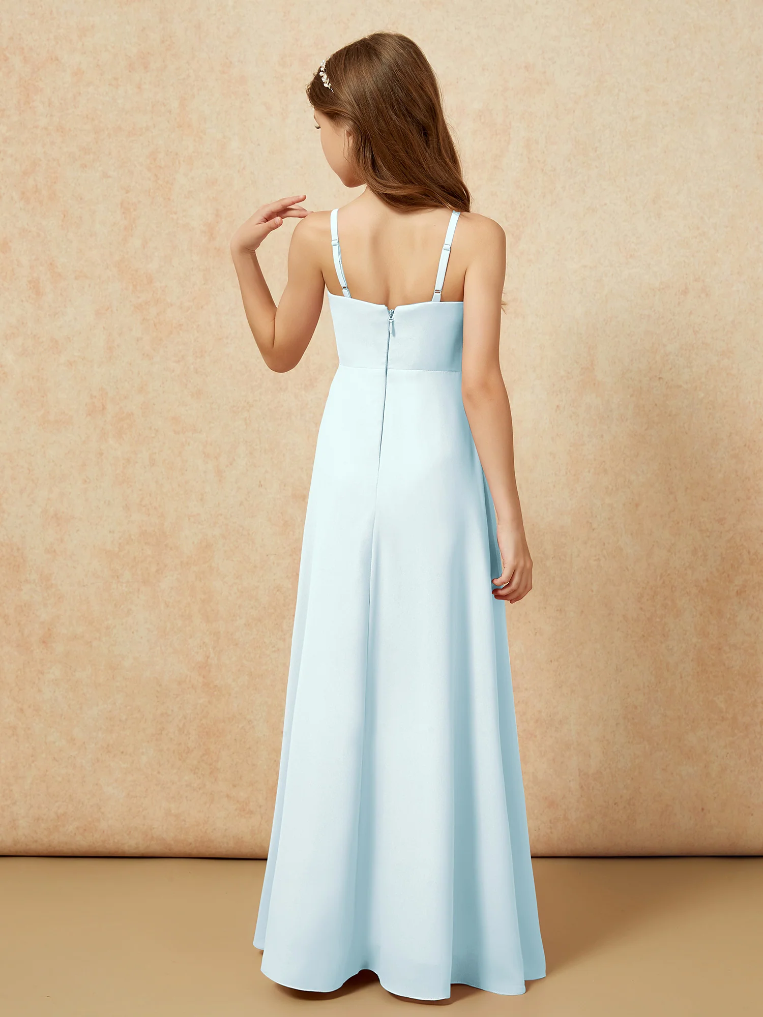 V-neck Pleated Chiffon Long Junior Bridesmaid Dresses Mist - Image 2