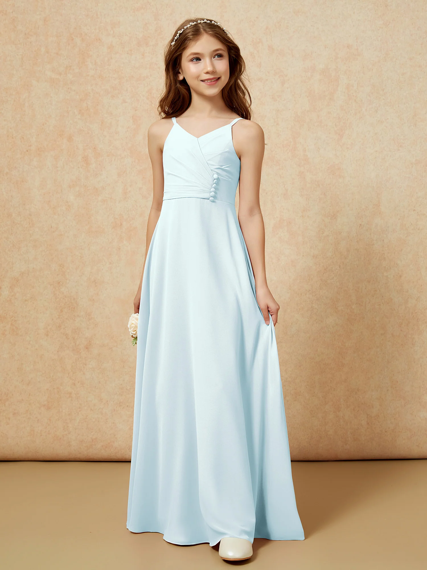 V-neck Pleated Chiffon Long Junior Bridesmaid Dresses Mist - Image 5
