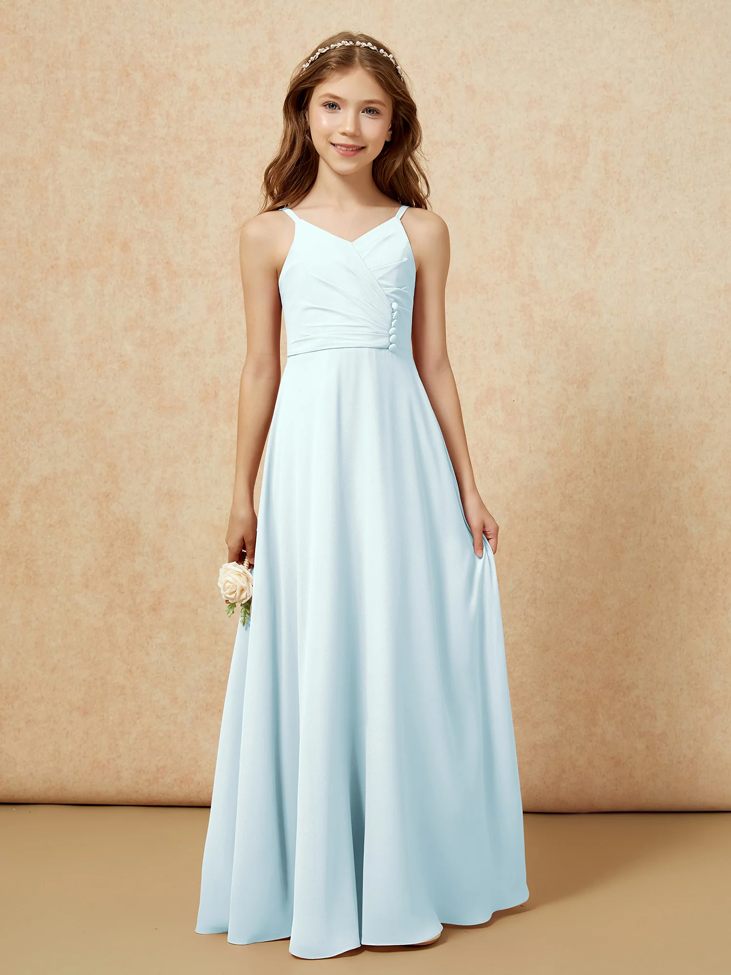 V-neck Pleated Chiffon Long Junior Bridesmaid Dresses Mist - Image 6