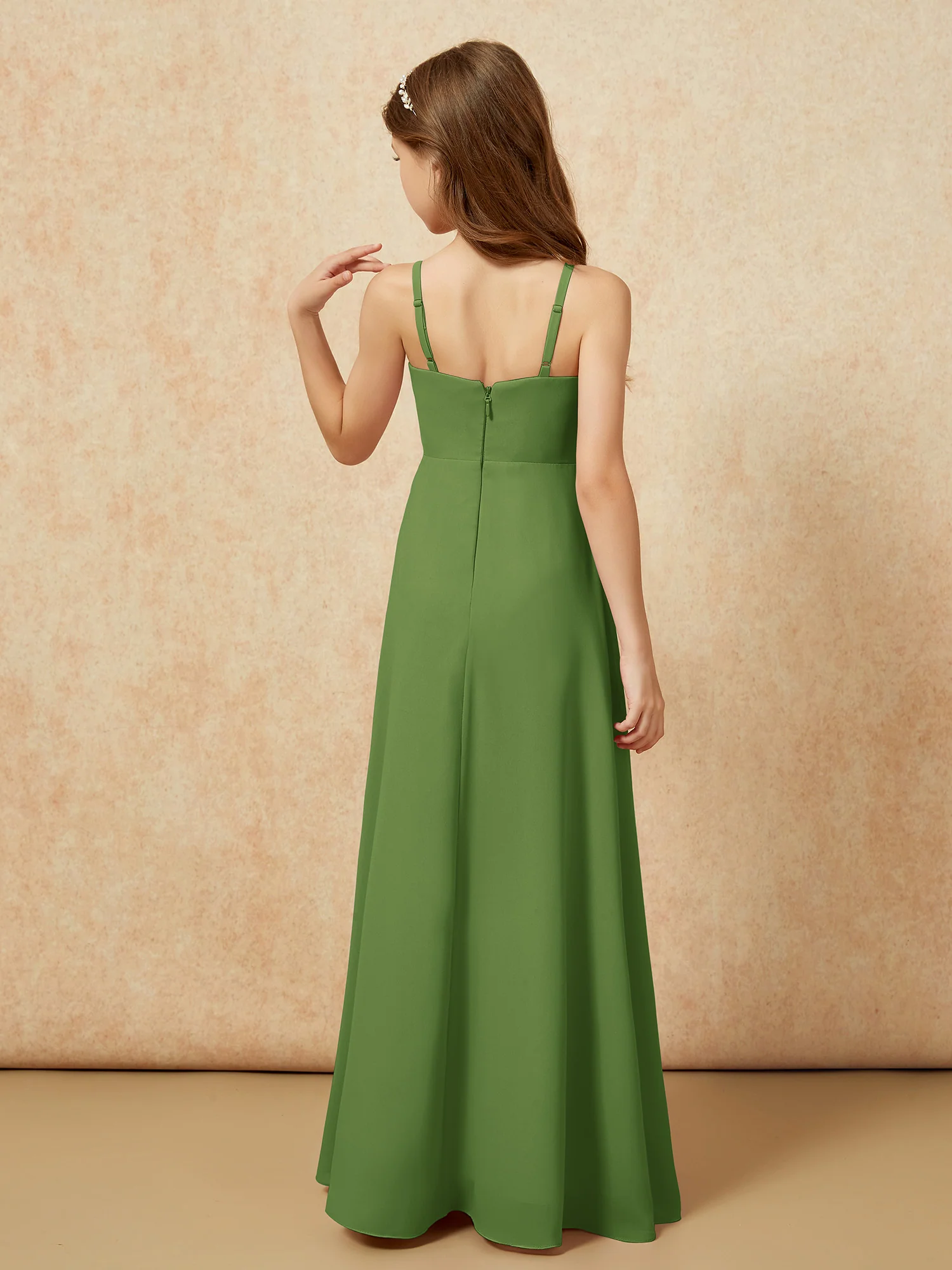 V-neck Pleated Chiffon Long Junior Bridesmaid Dresses Moss - Image 2