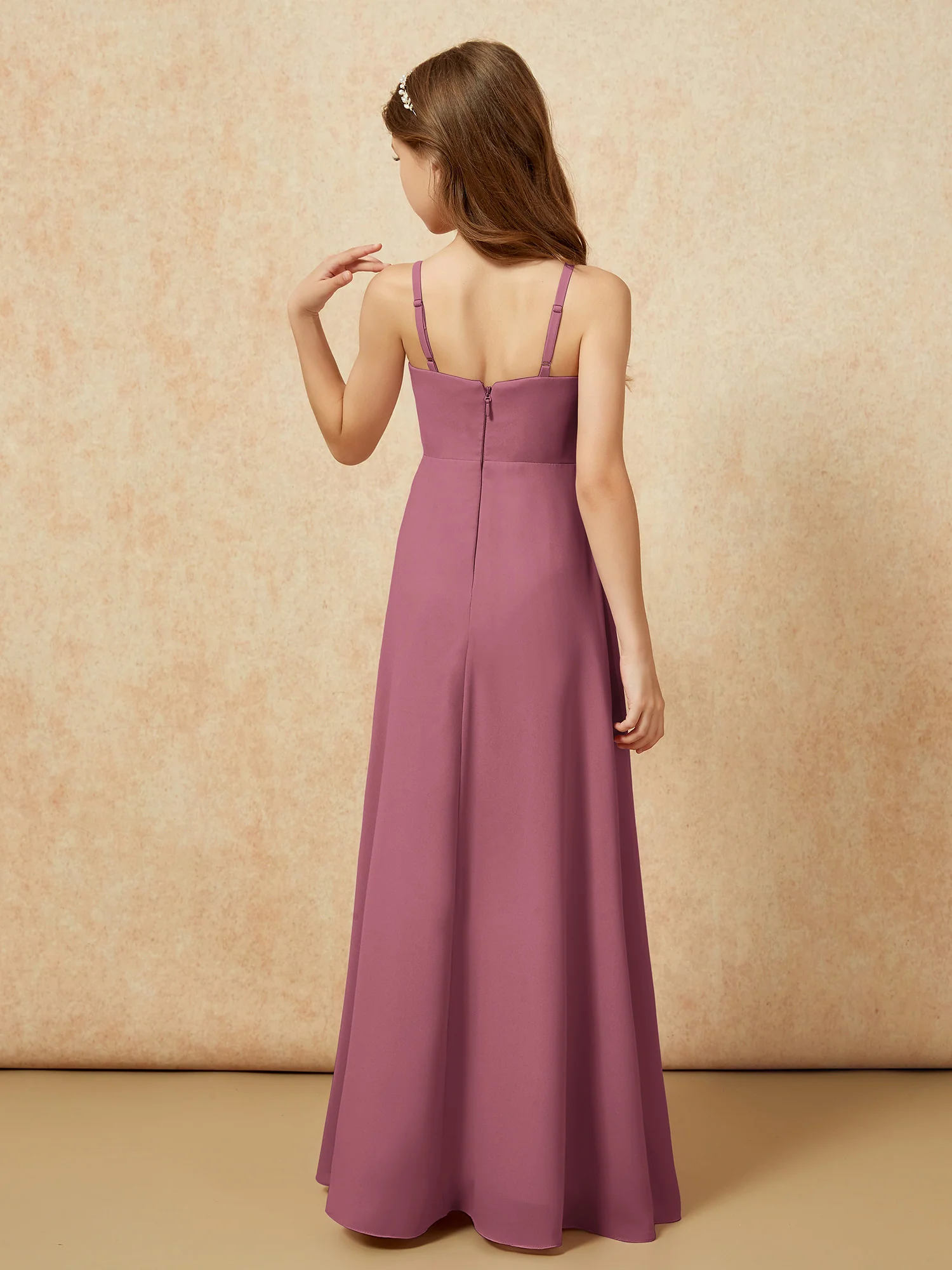 V-neck Pleated Chiffon Long Junior Bridesmaid Dresses Mulberry - Image 2