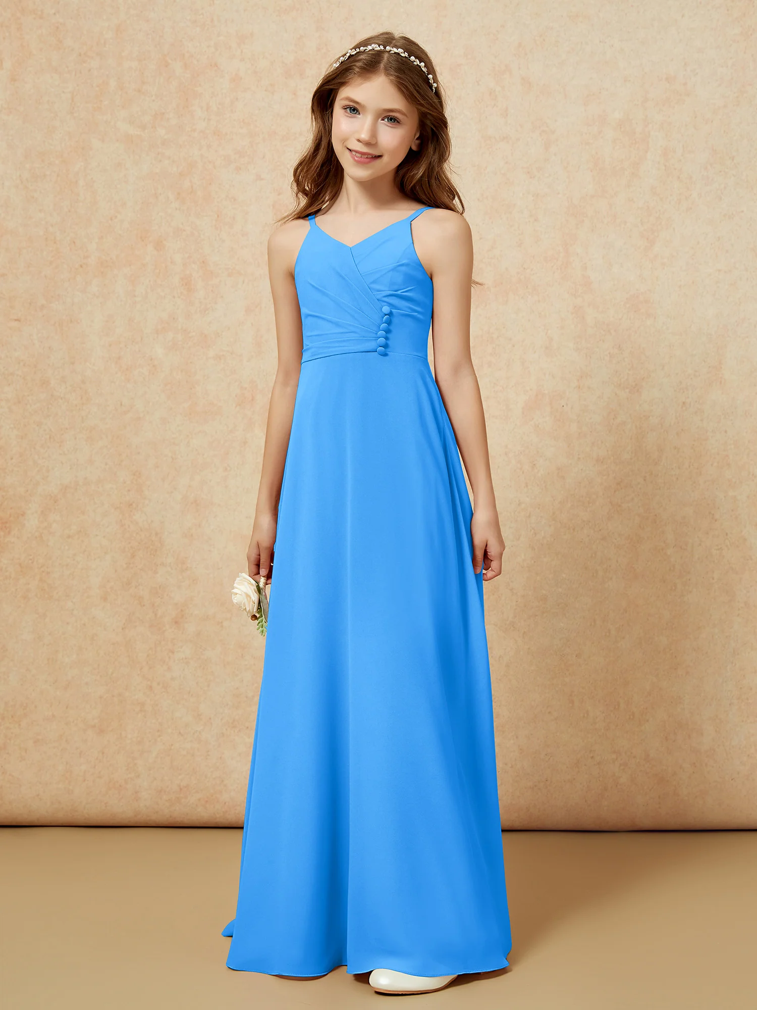 V-neck Pleated Chiffon Long Junior Bridesmaid Dresses Ocean Blue