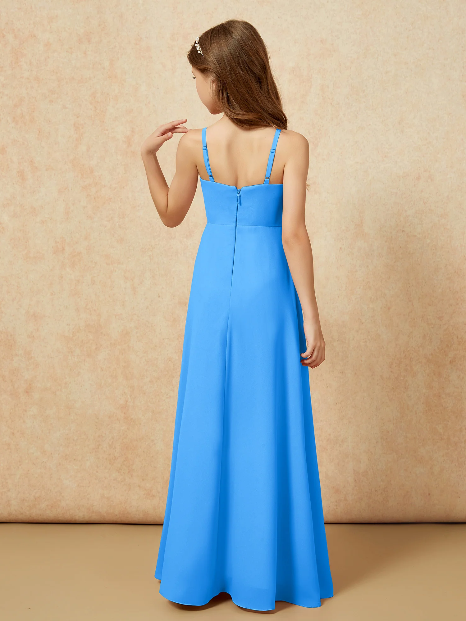 V-neck Pleated Chiffon Long Junior Bridesmaid Dresses Ocean Blue - Image 2