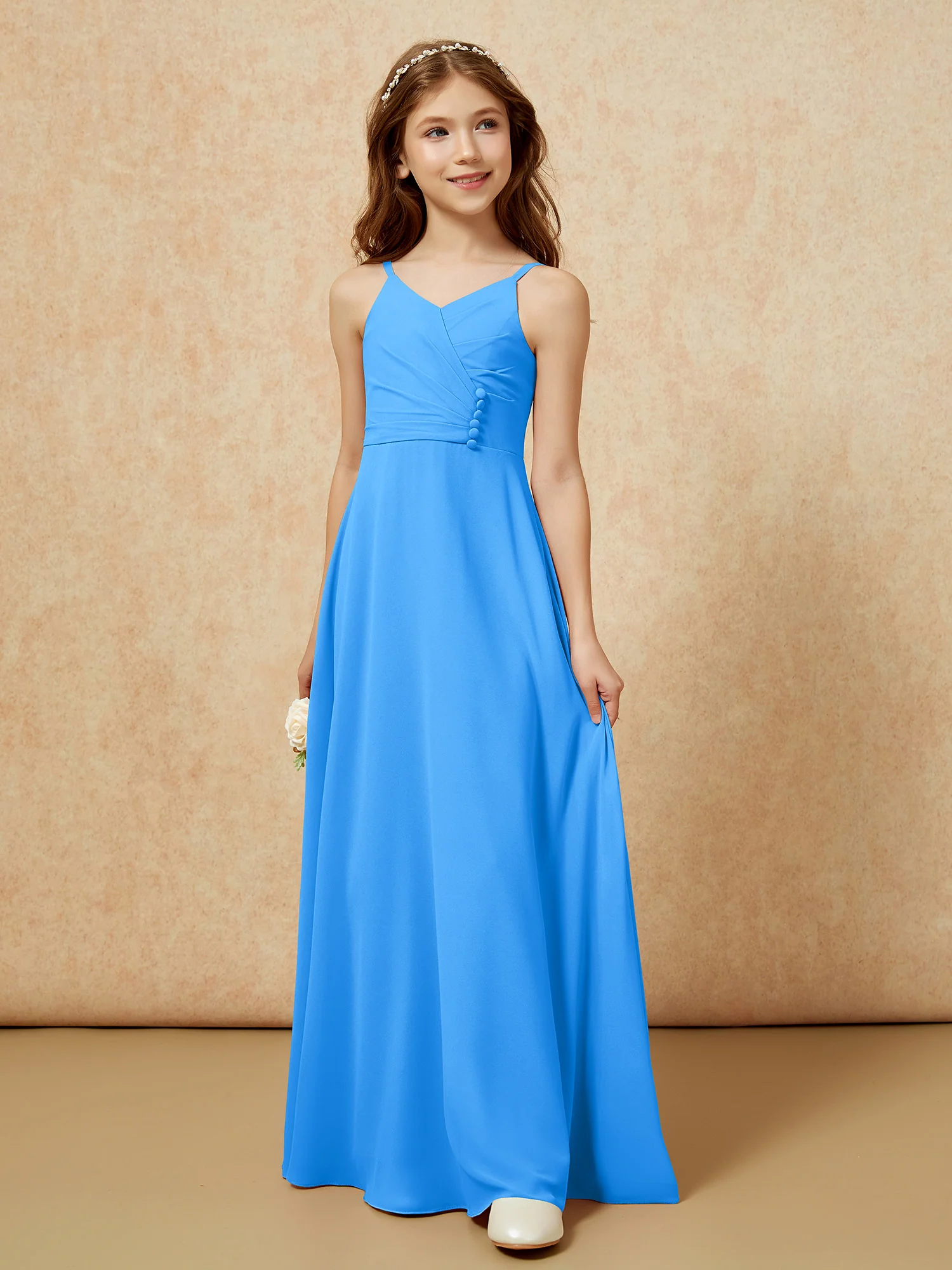 V-neck Pleated Chiffon Long Junior Bridesmaid Dresses Ocean Blue - Image 5