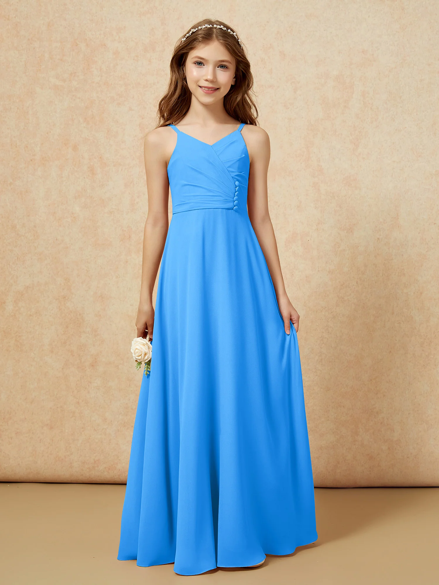 V-neck Pleated Chiffon Long Junior Bridesmaid Dresses Ocean Blue - Image 6