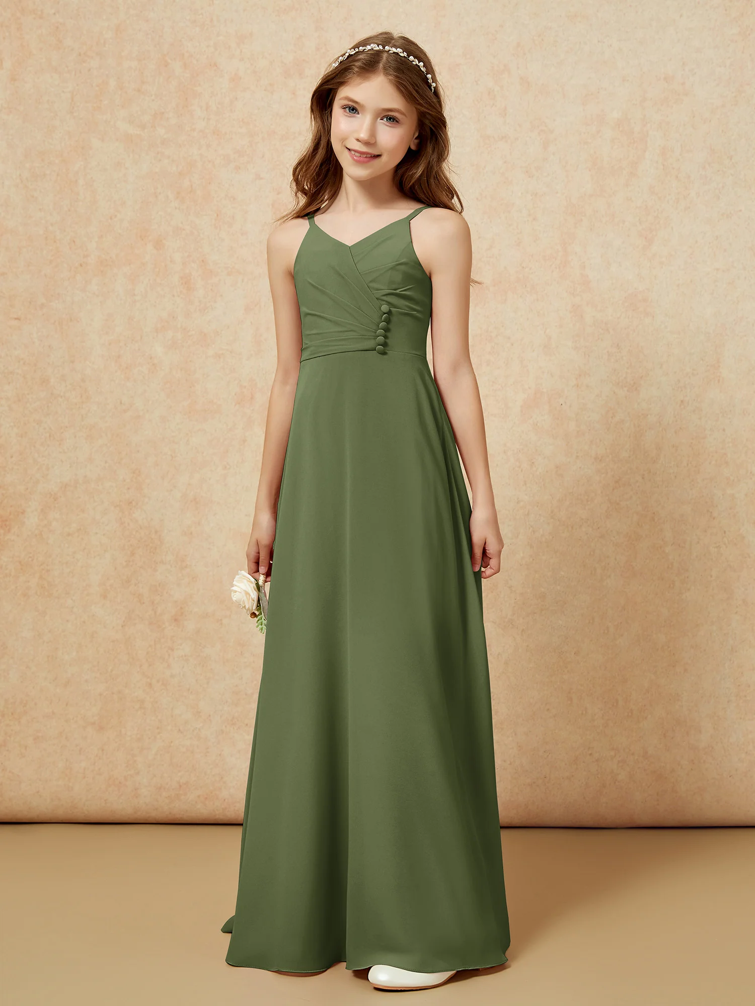 V-neck Pleated Chiffon Long Junior Bridesmaid Dresses Olive Green