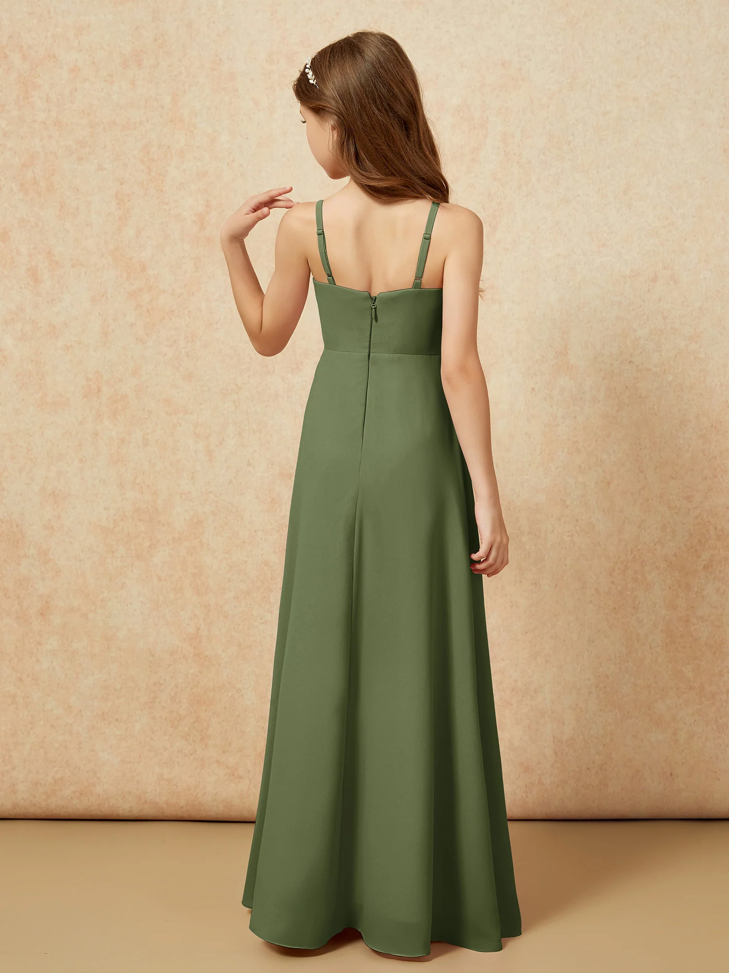 V-neck Pleated Chiffon Long Junior Bridesmaid Dresses Olive Green - Image 2