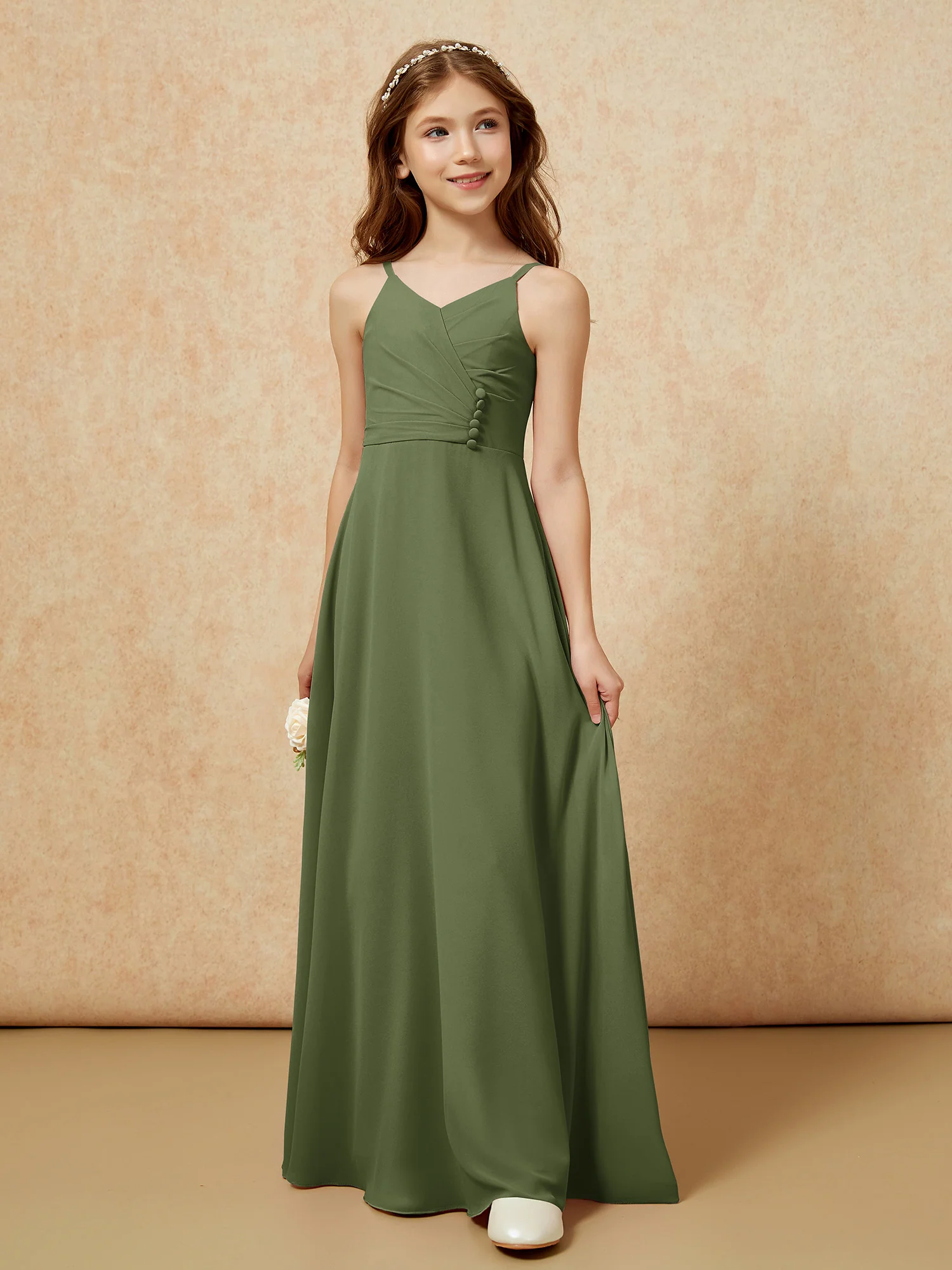 V-neck Pleated Chiffon Long Junior Bridesmaid Dresses Olive Green - Image 5