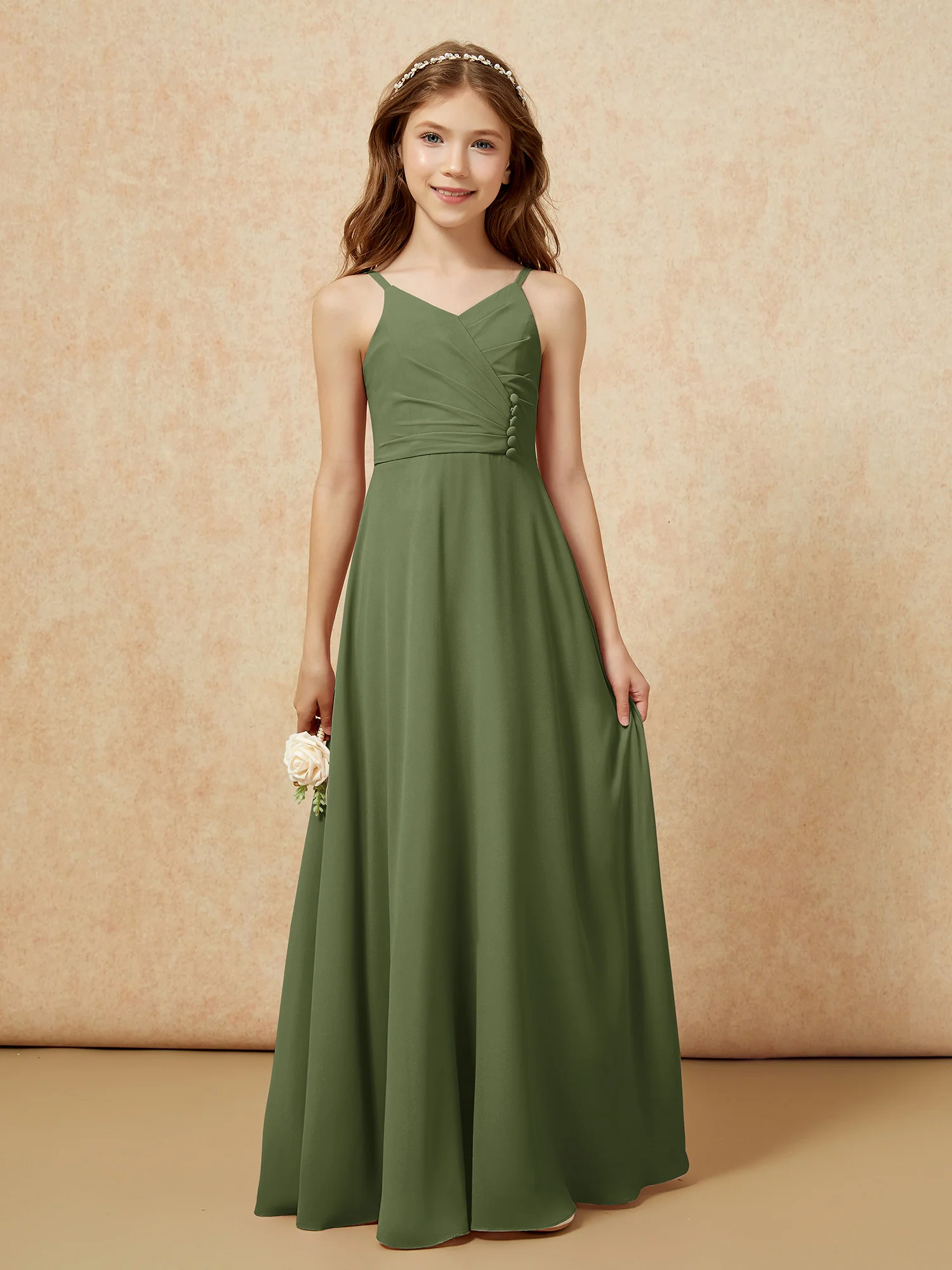 V-neck Pleated Chiffon Long Junior Bridesmaid Dresses Olive Green - Image 6