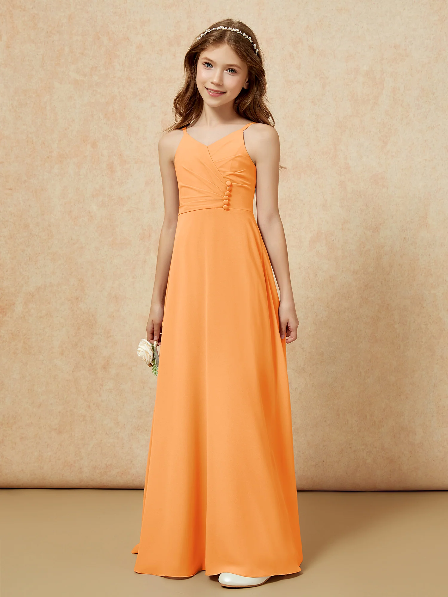 V-neck Pleated Chiffon Long Junior Bridesmaid Dresses Orange