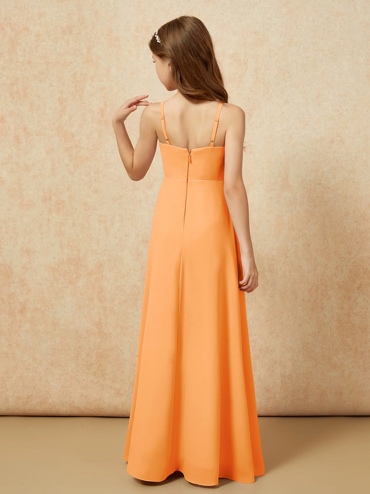 V-neck Pleated Chiffon Long Junior Bridesmaid Dresses Orange - Image 2
