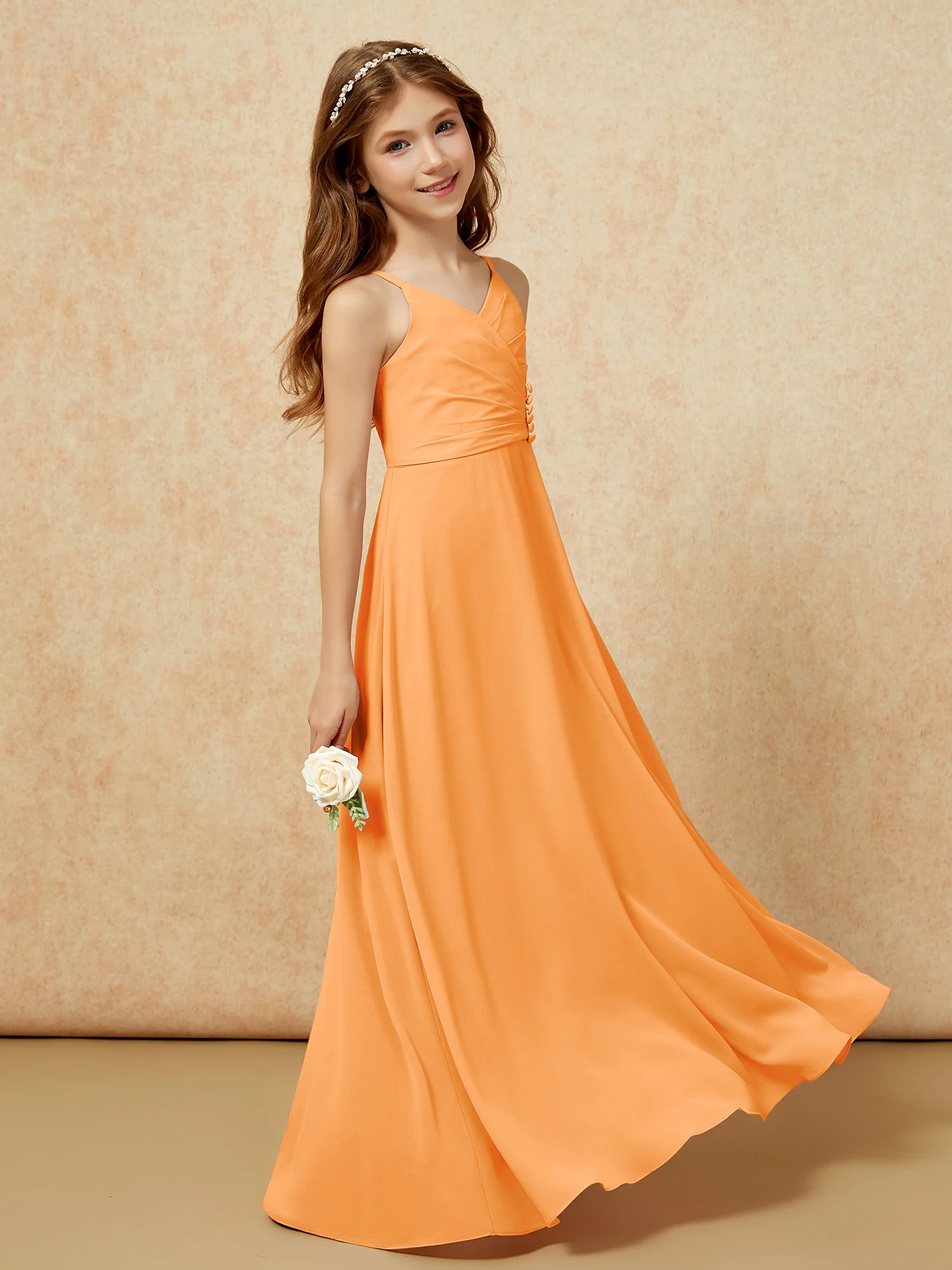 V-neck Pleated Chiffon Long Junior Bridesmaid Dresses Orange - Image 3