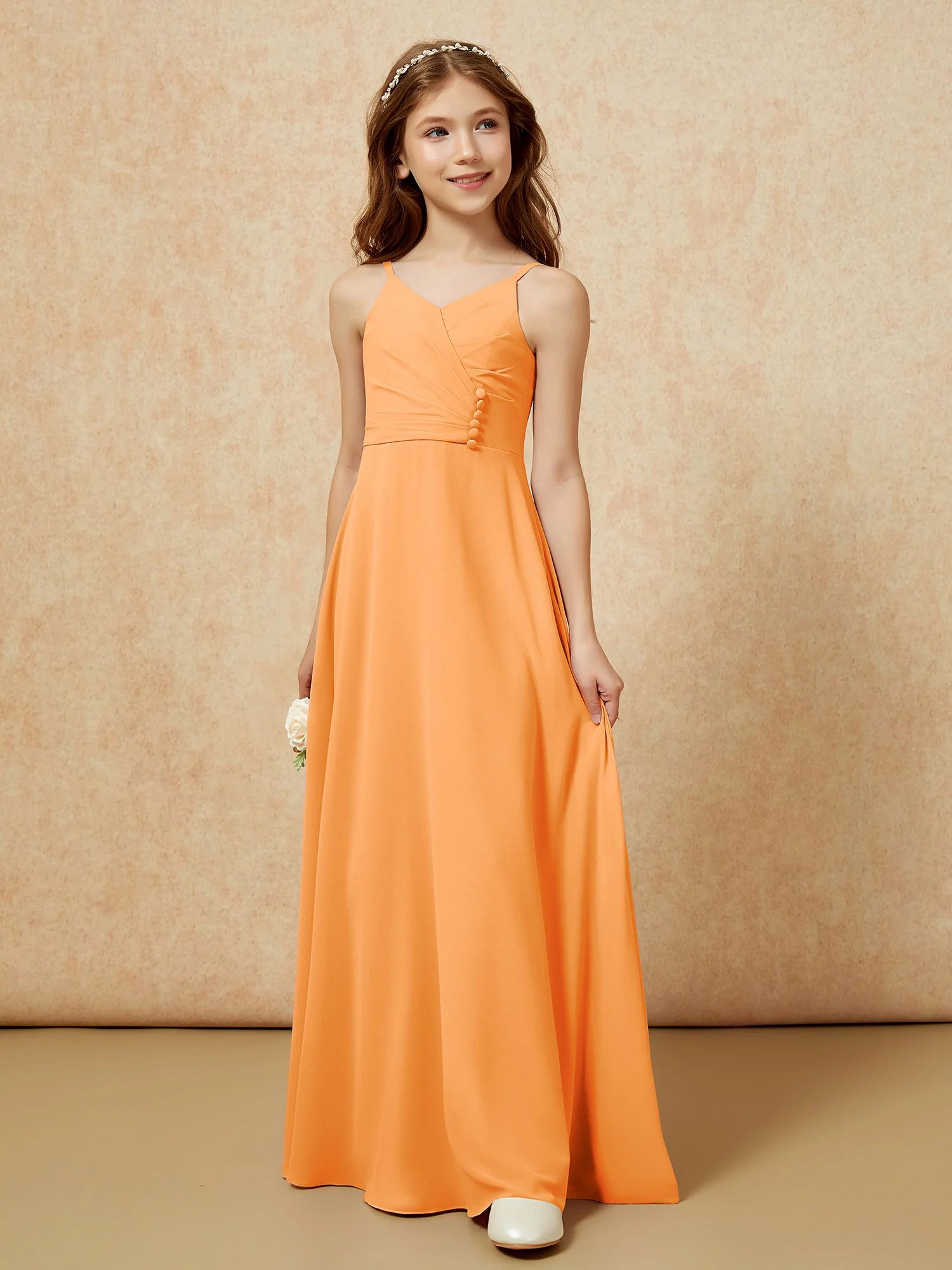 V-neck Pleated Chiffon Long Junior Bridesmaid Dresses Orange - Image 5