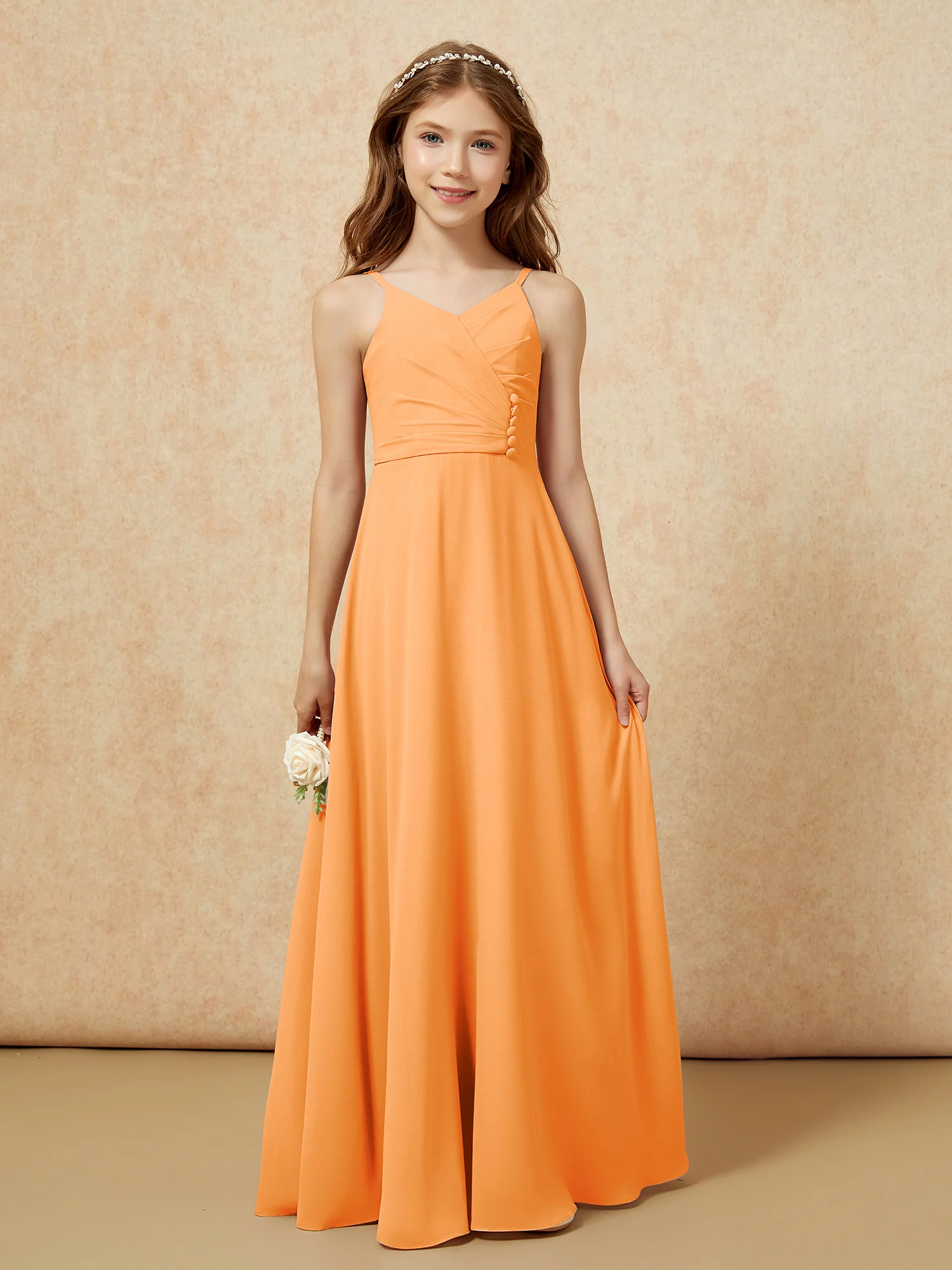 V-neck Pleated Chiffon Long Junior Bridesmaid Dresses Orange - Image 6