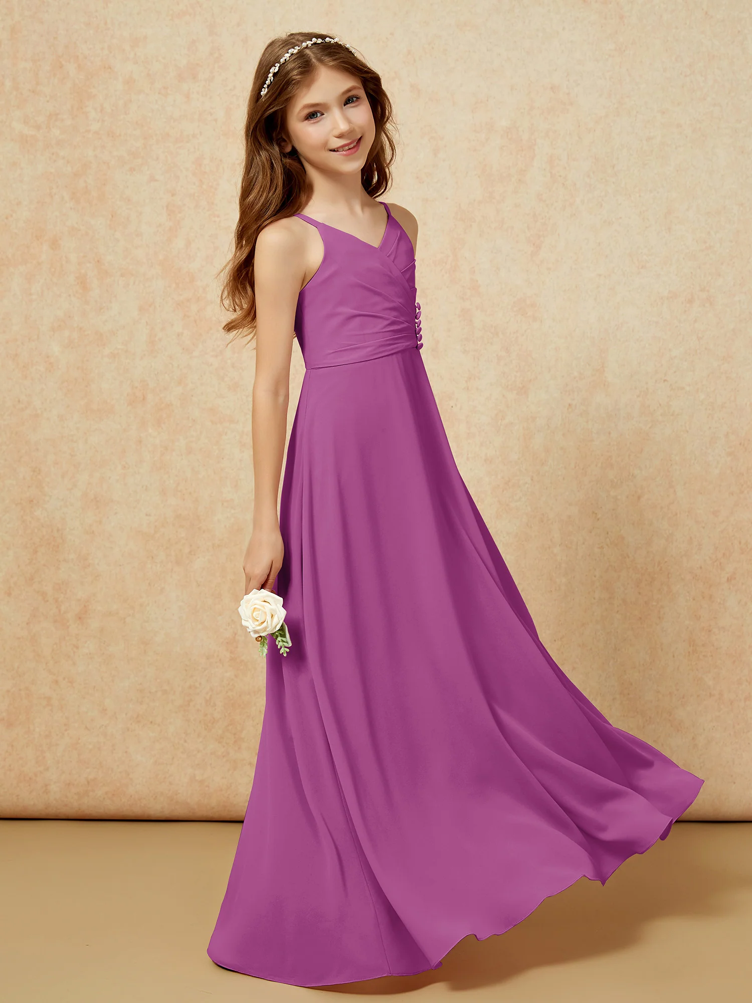 V-neck Pleated Chiffon Long Junior Bridesmaid Dresses Orchid - Image 3