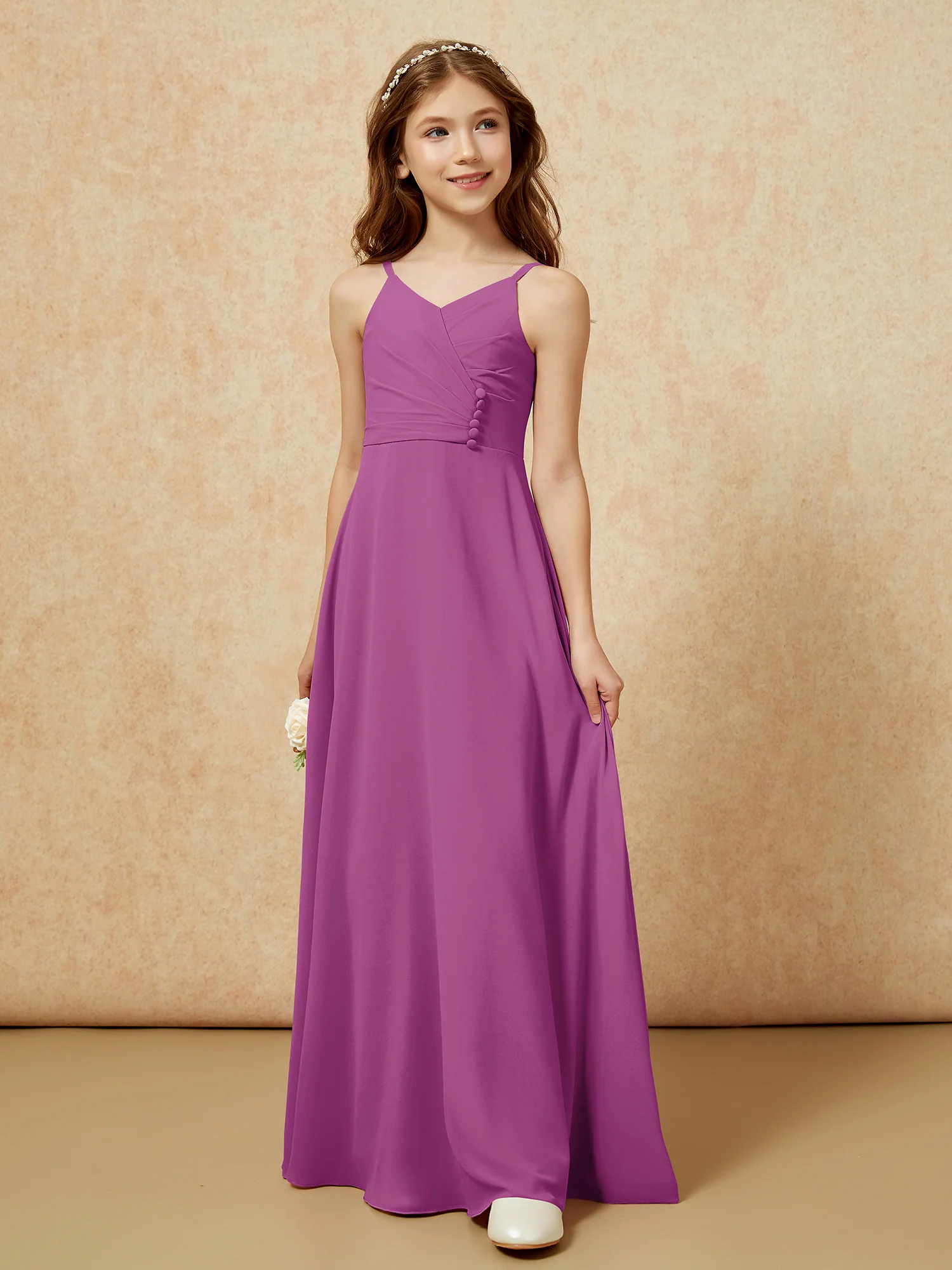 V-neck Pleated Chiffon Long Junior Bridesmaid Dresses Orchid - Image 5