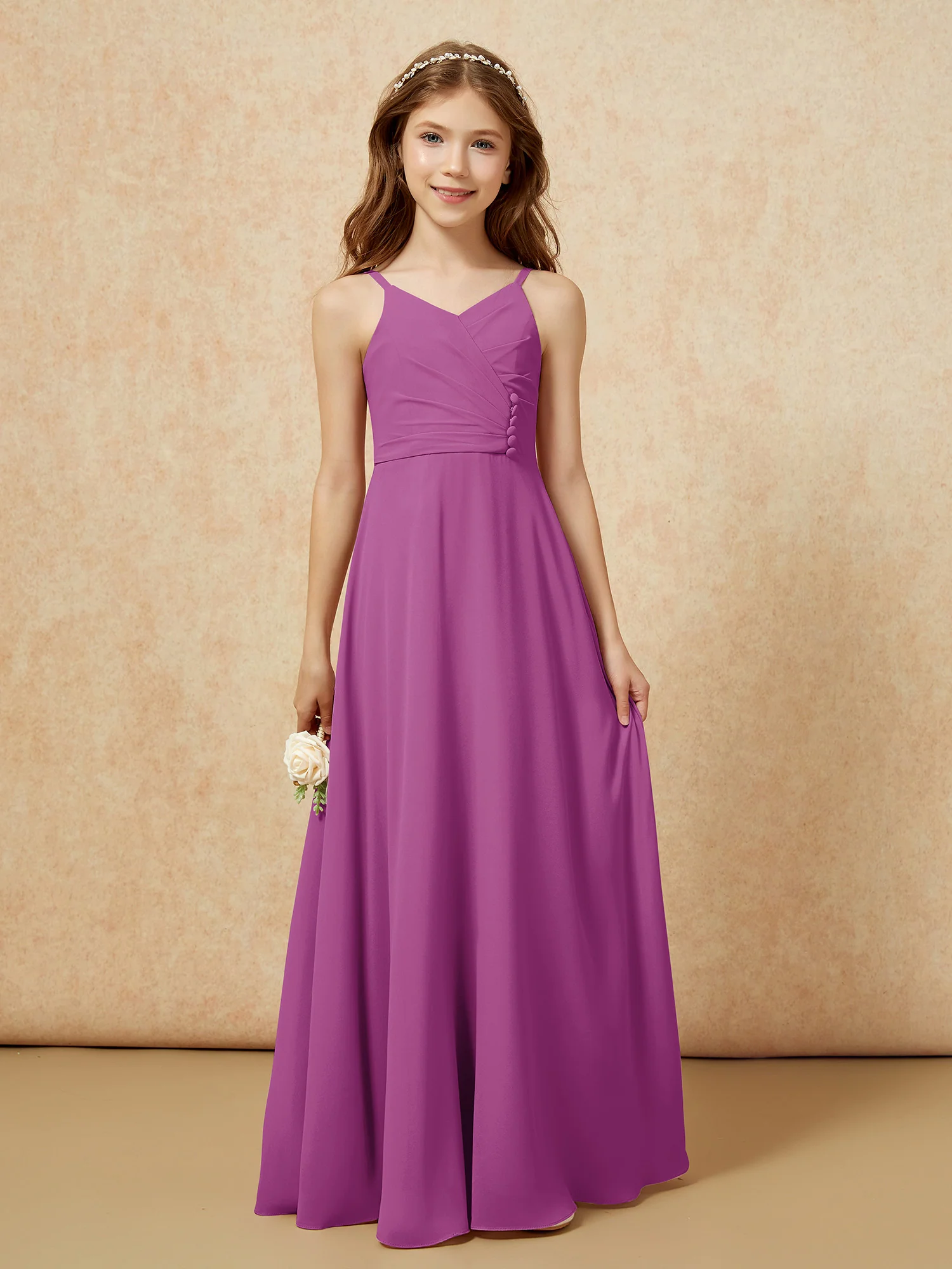 V-neck Pleated Chiffon Long Junior Bridesmaid Dresses Orchid - Image 6