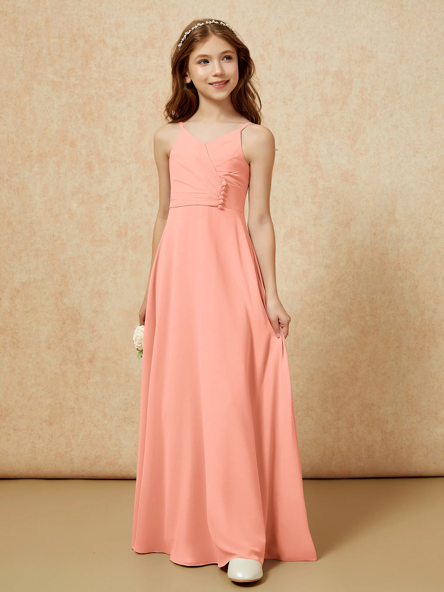 V-neck Pleated Chiffon Long Junior Bridesmaid Dresses Papaya - Image 5