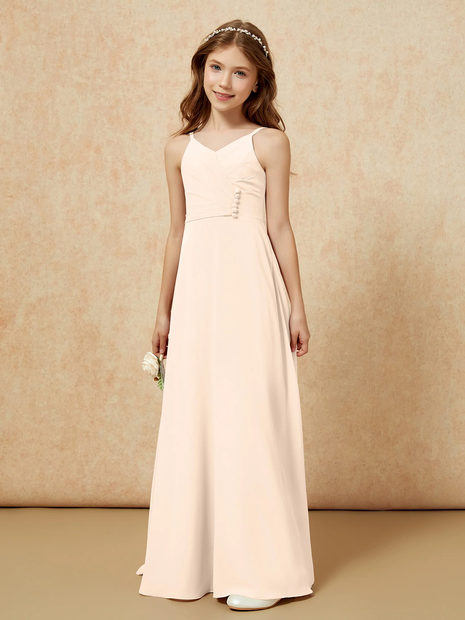 V-neck Pleated Chiffon Long Junior Bridesmaid Dresses Peach