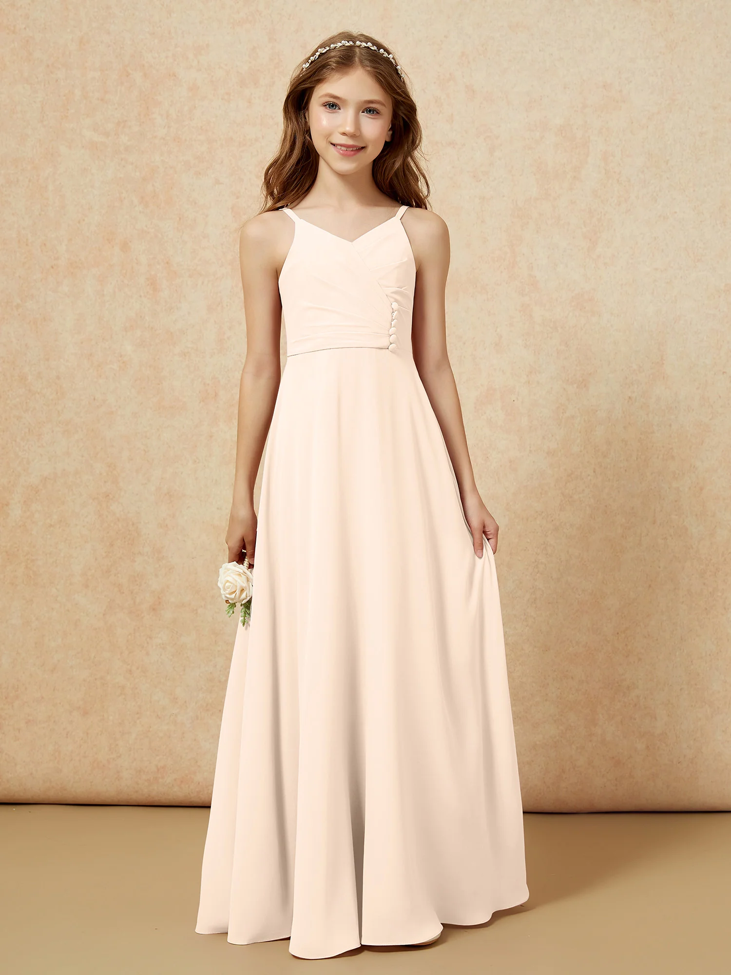 V-neck Pleated Chiffon Long Junior Bridesmaid Dresses Peach - Image 6