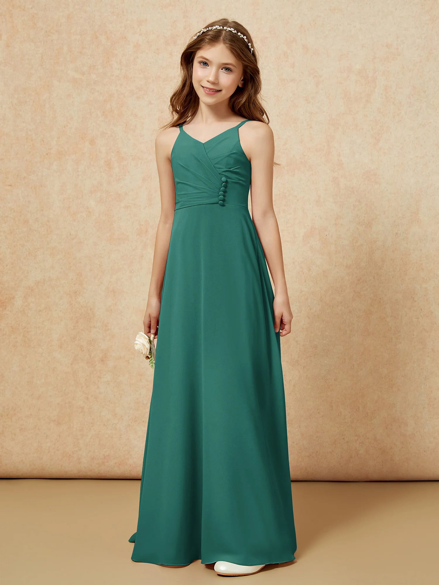 V-neck Pleated Chiffon Long Junior Bridesmaid Dresses Peacock