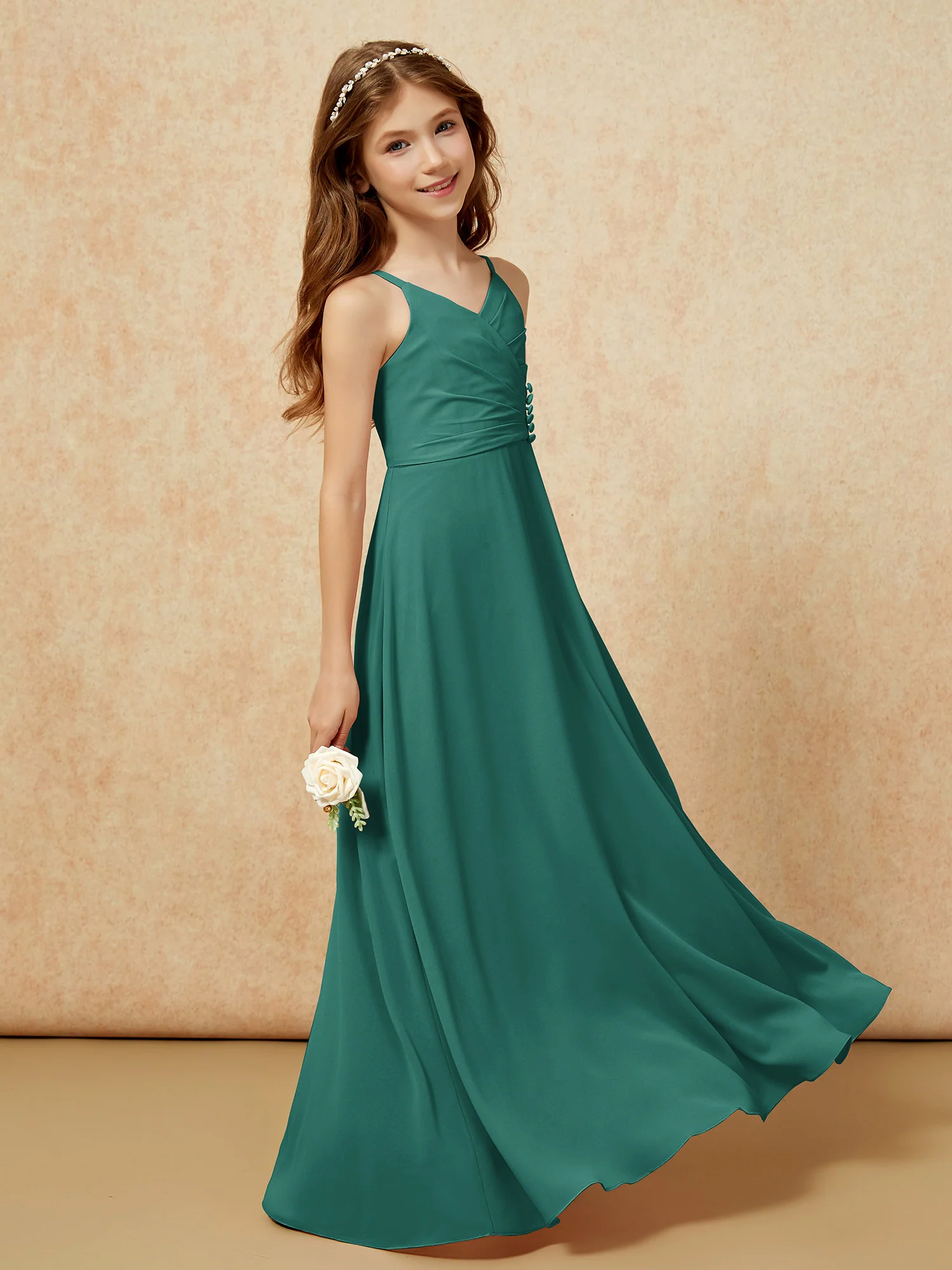 V-neck Pleated Chiffon Long Junior Bridesmaid Dresses Peacock - Image 3