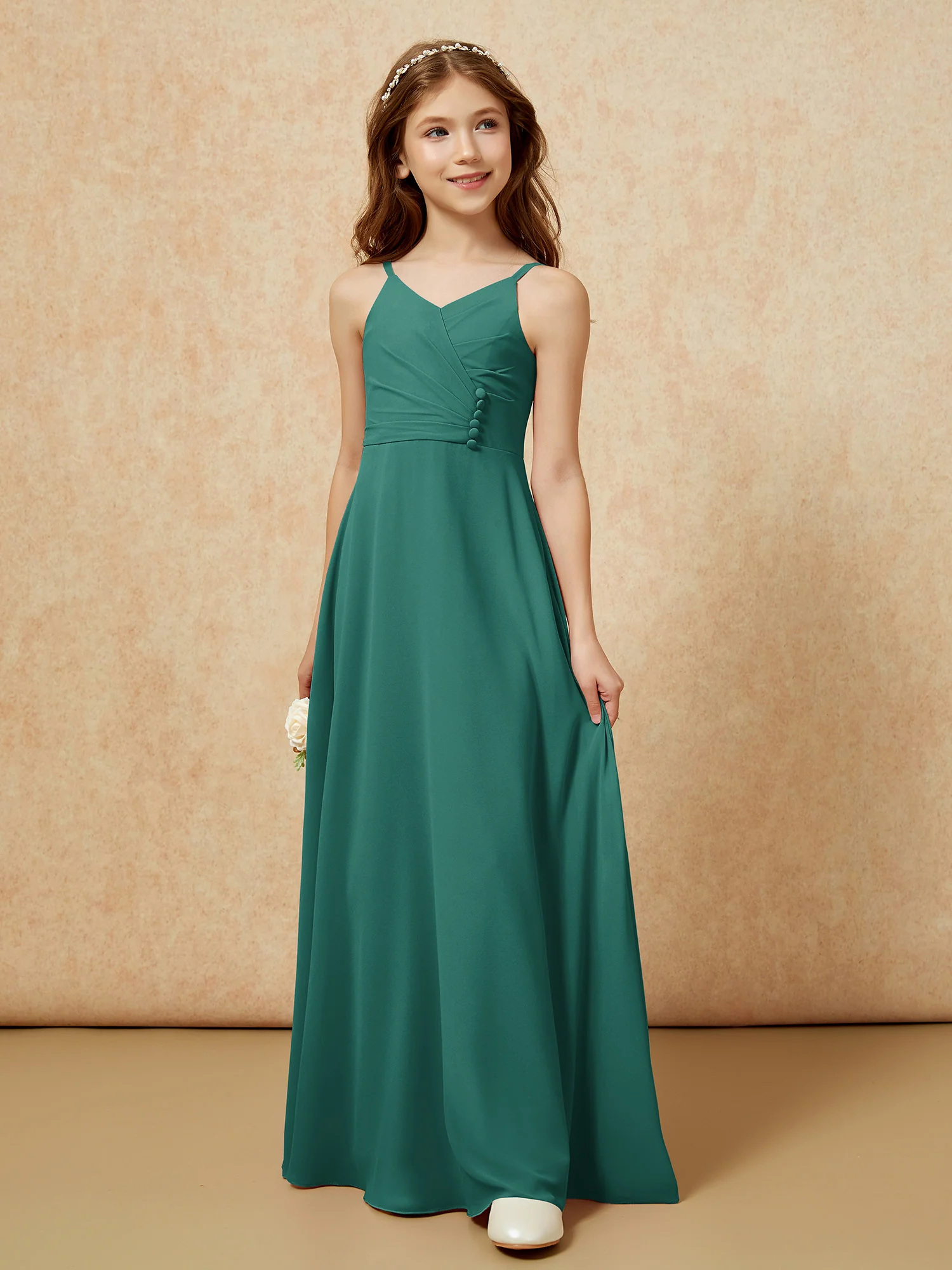 V-neck Pleated Chiffon Long Junior Bridesmaid Dresses Peacock - Image 5