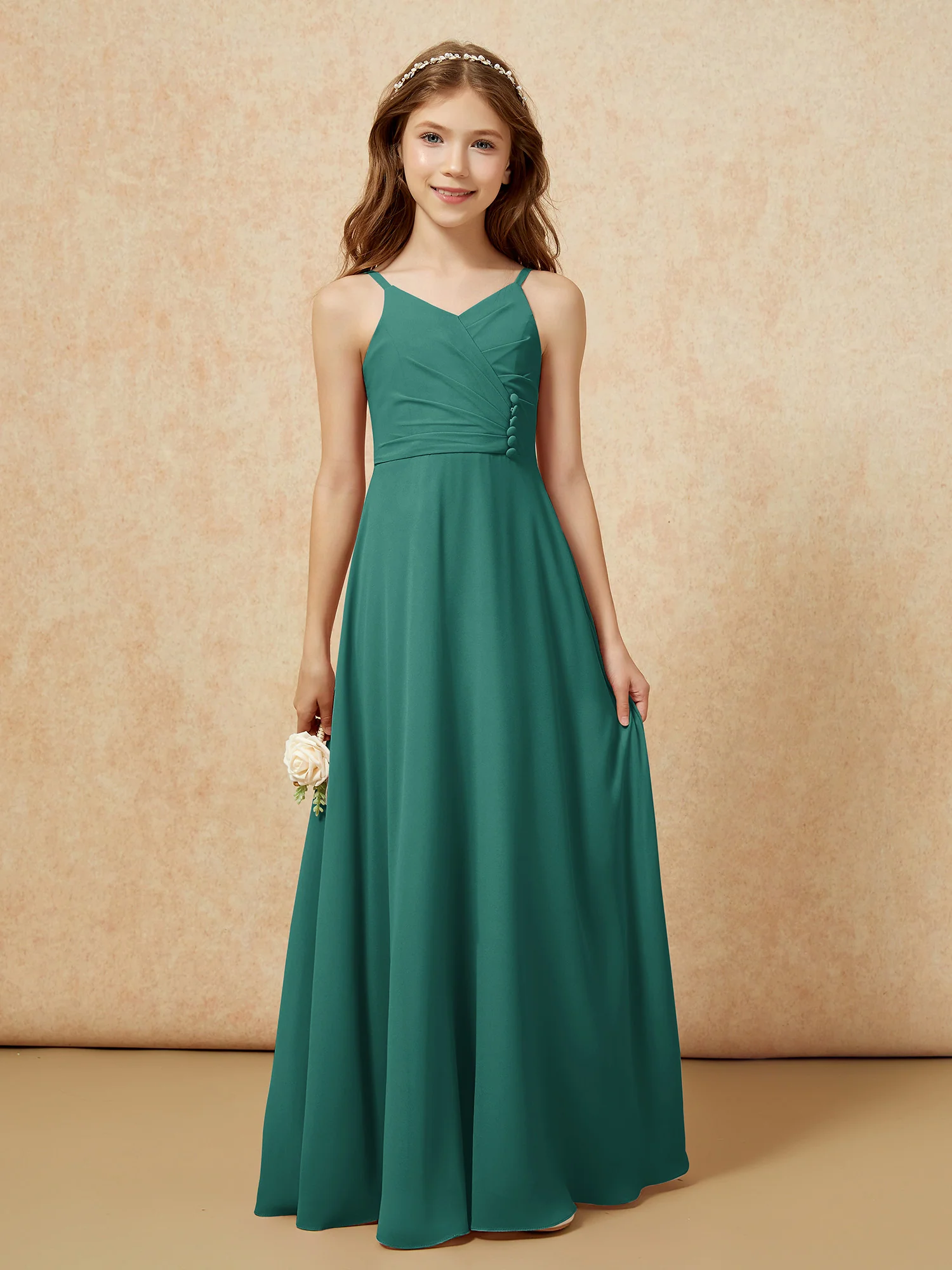 V-neck Pleated Chiffon Long Junior Bridesmaid Dresses Peacock - Image 6