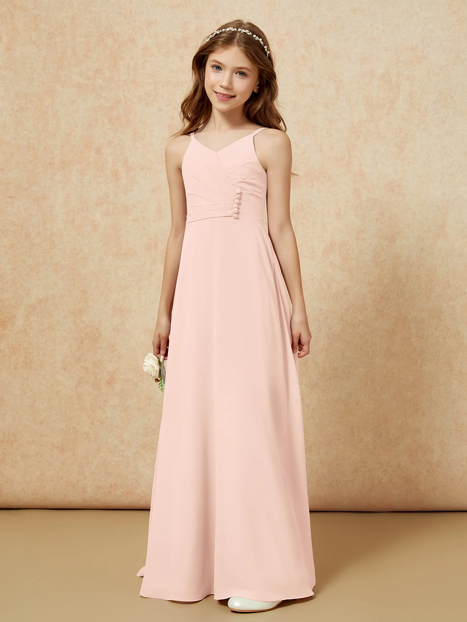V-neck Pleated Chiffon Long Junior Bridesmaid Dresses Pearl Pink