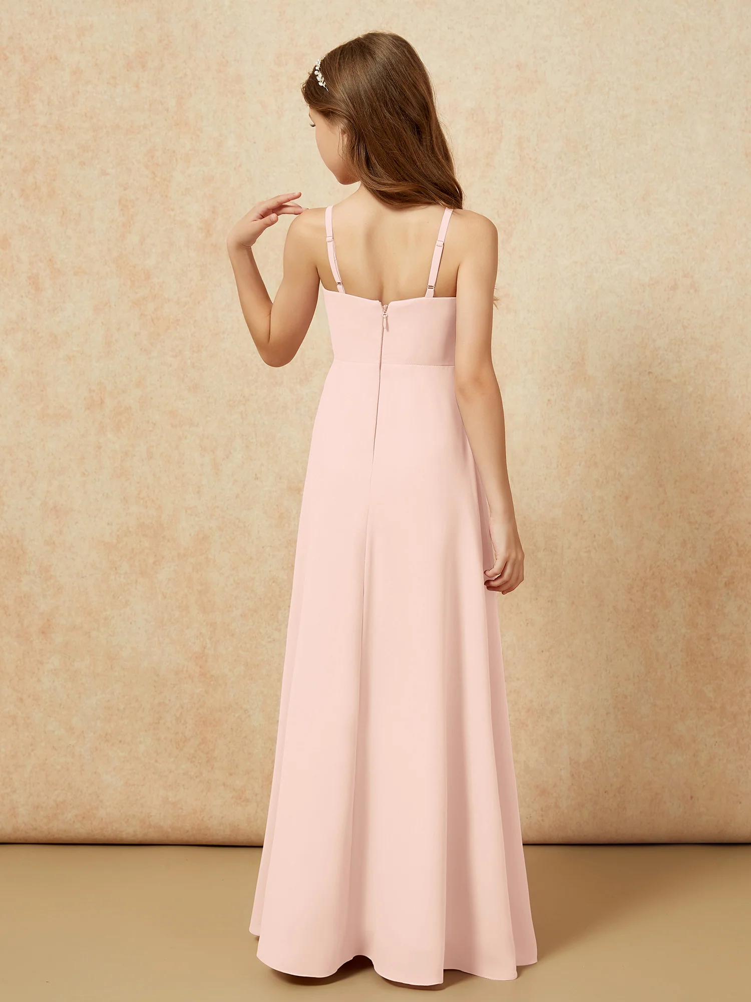 V-neck Pleated Chiffon Long Junior Bridesmaid Dresses Pearl Pink - Image 2