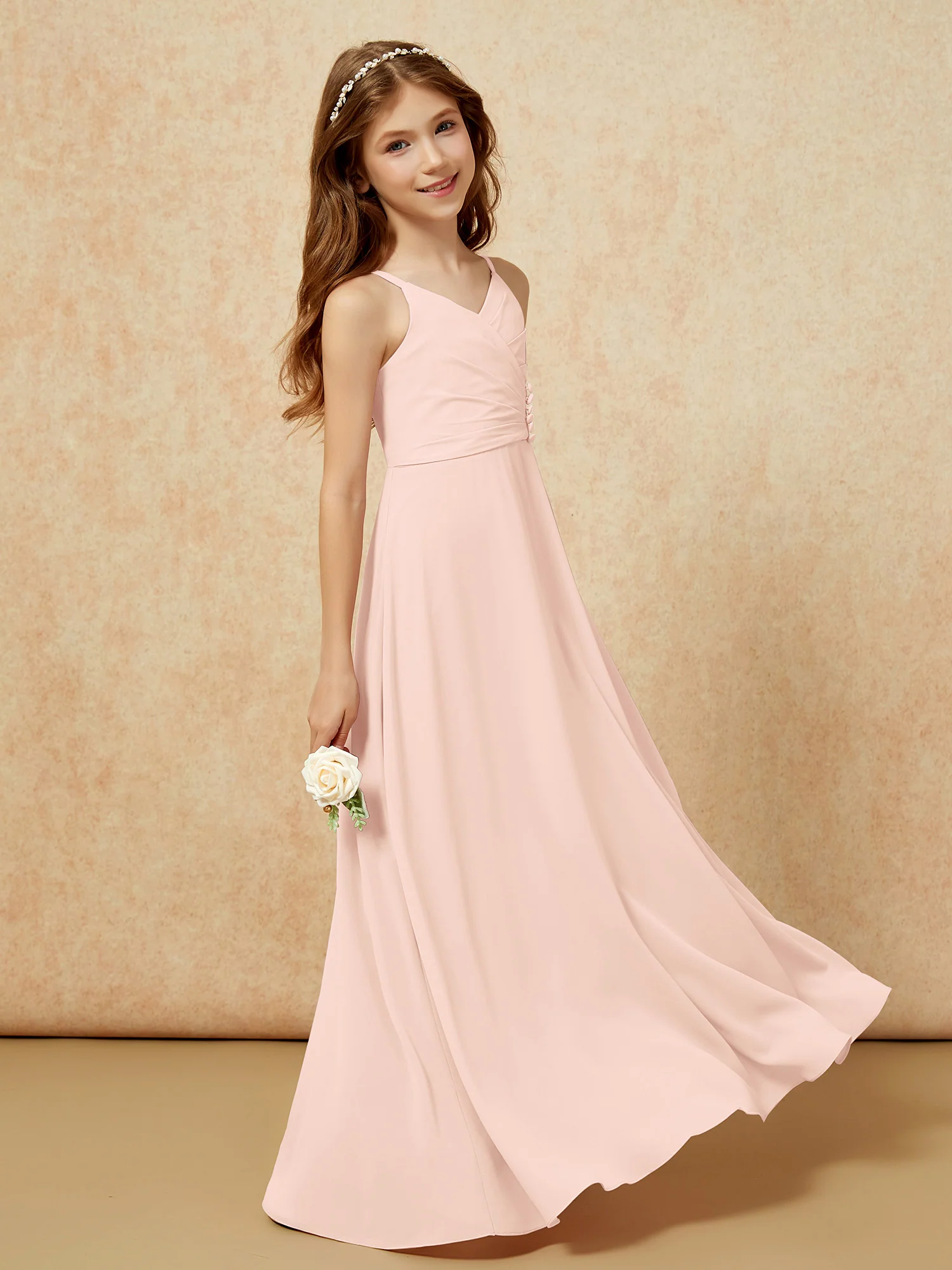 V-neck Pleated Chiffon Long Junior Bridesmaid Dresses Pearl Pink - Image 3