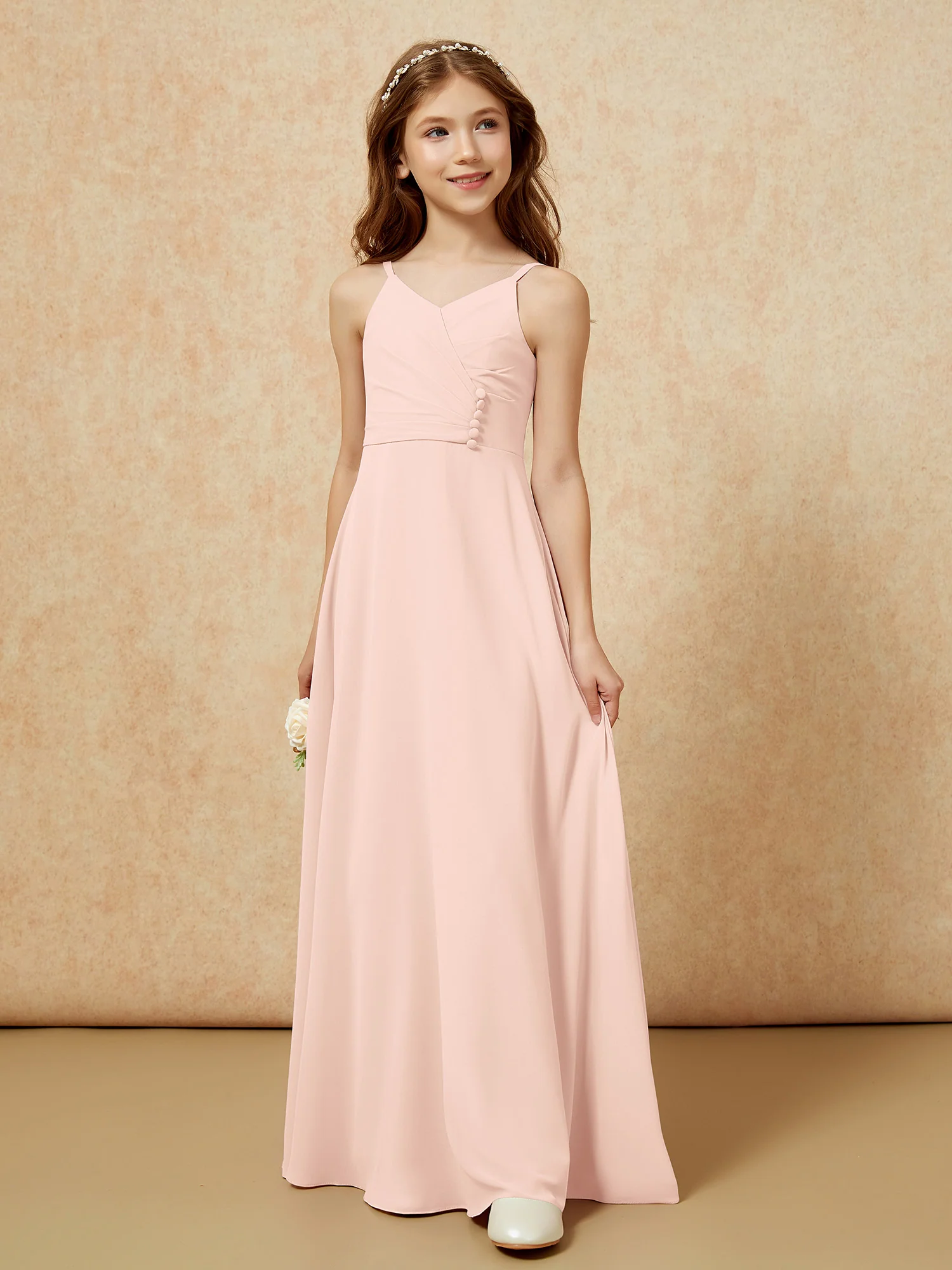 V-neck Pleated Chiffon Long Junior Bridesmaid Dresses Pearl Pink - Image 5