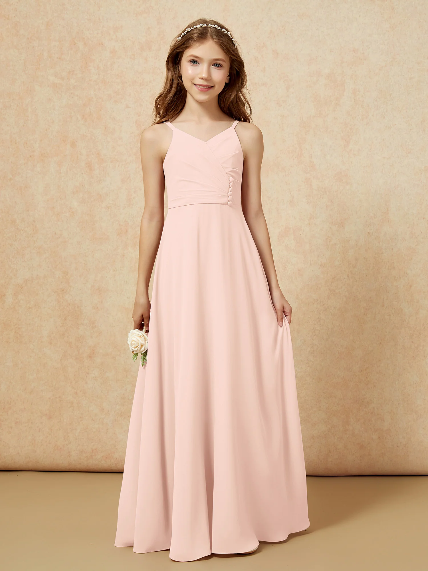 V-neck Pleated Chiffon Long Junior Bridesmaid Dresses Pearl Pink - Image 6