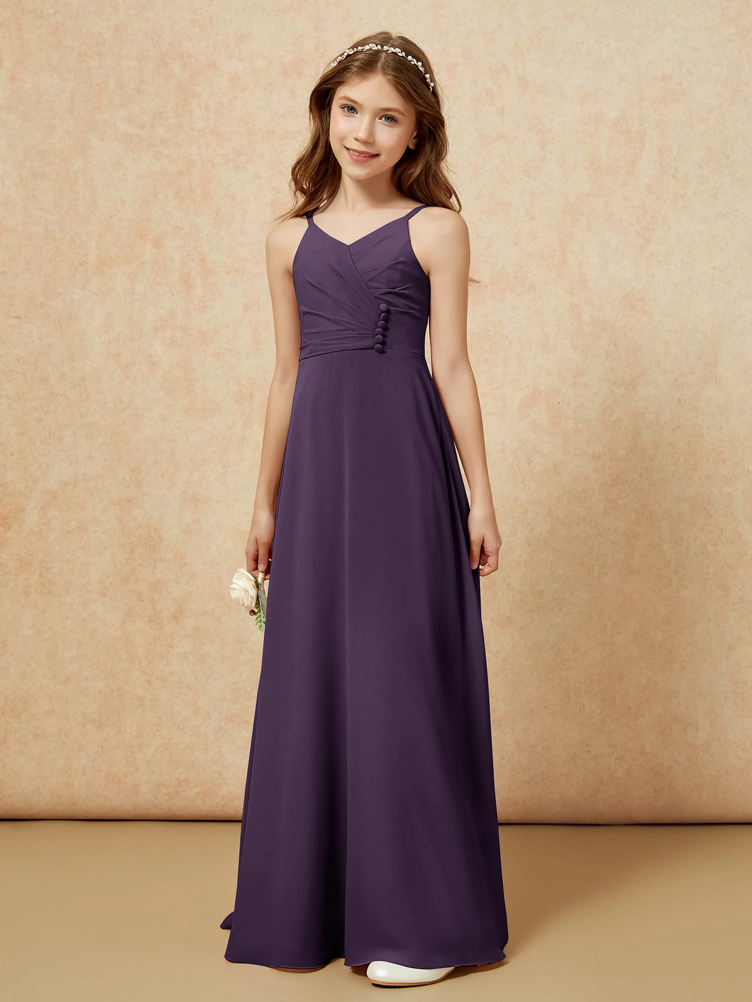 V-neck Pleated Chiffon Long Junior Bridesmaid Dresses Plum