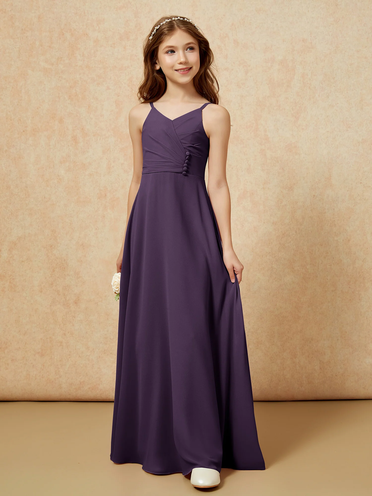 V-neck Pleated Chiffon Long Junior Bridesmaid Dresses Plum - Image 5
