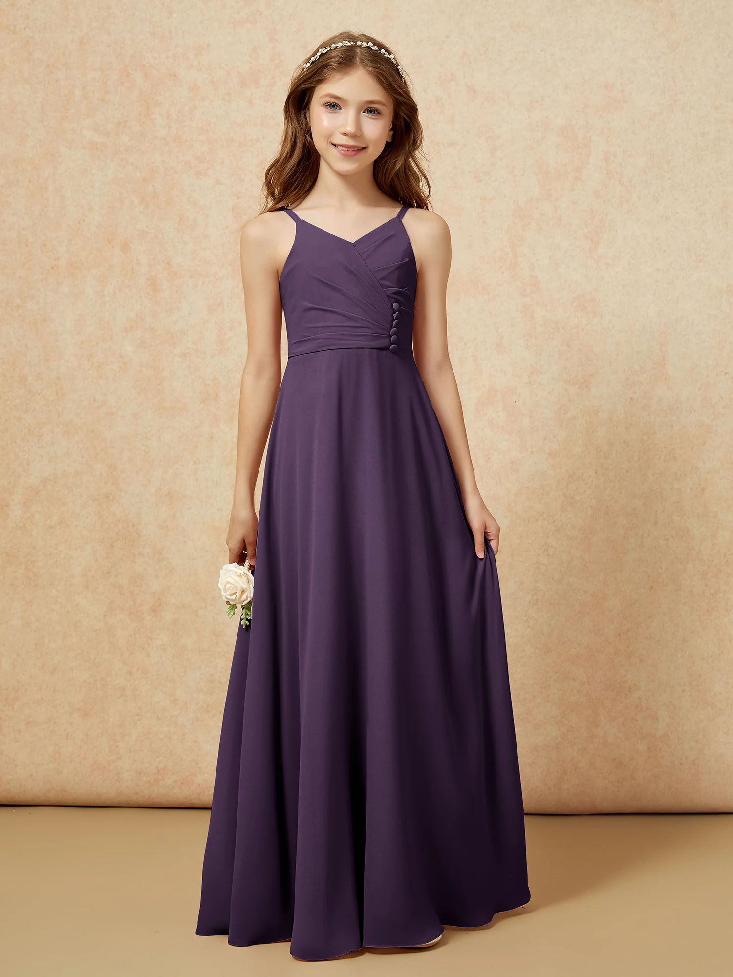 V-neck Pleated Chiffon Long Junior Bridesmaid Dresses Plum - Image 6