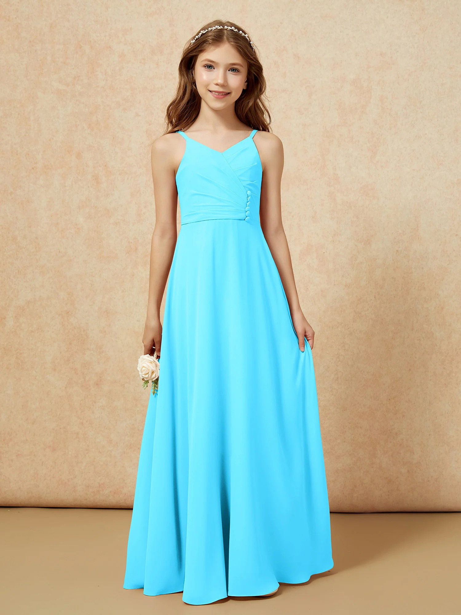 V-neck Pleated Chiffon Long Junior Bridesmaid Dresses Pool - Image 6